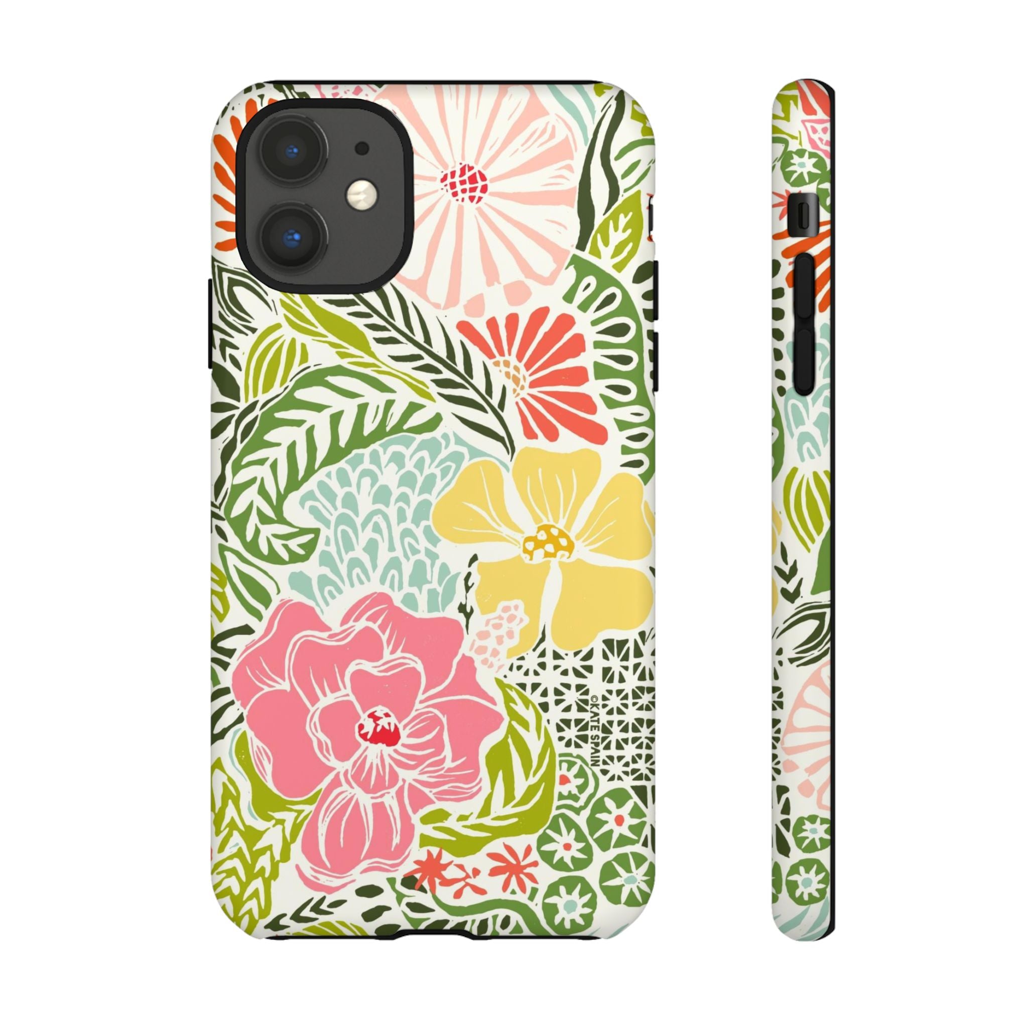 Tropica Tough iPhone 11 Case – Matte | cream, pink, yellow, blue botanical floral print