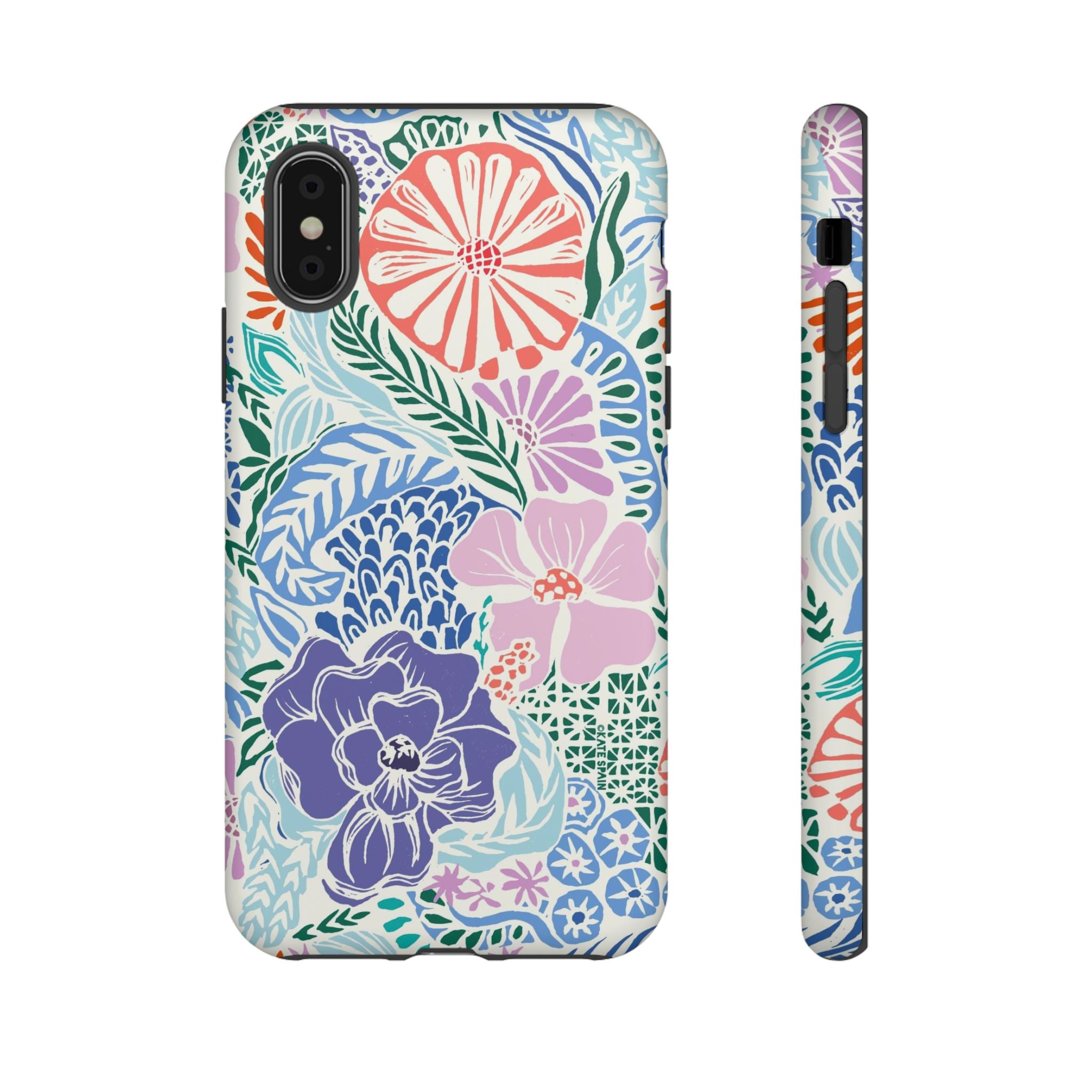 Tropica Tough iPhone X Case – Matte | purple, coral, pink, blue botanical tropical floral print