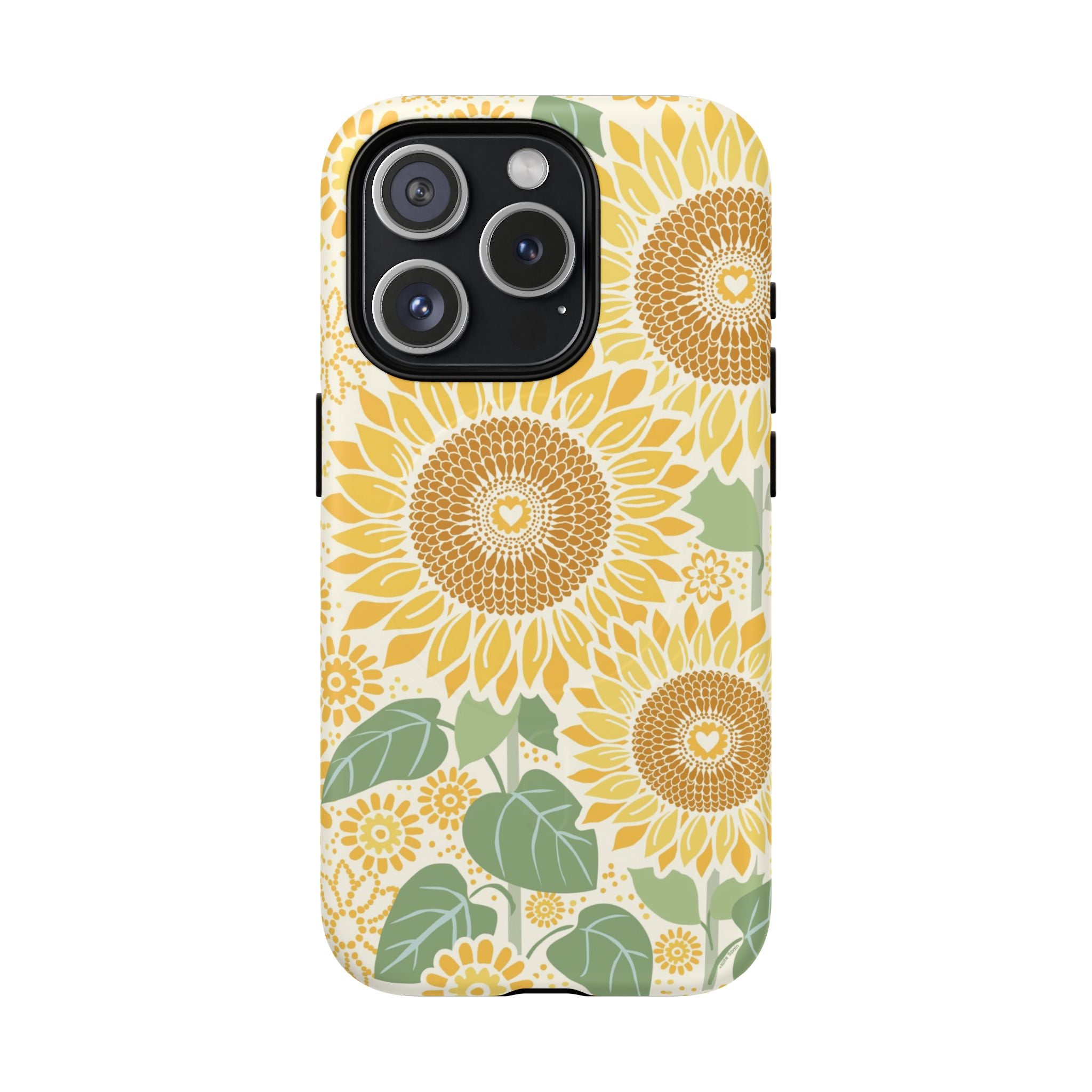 Sunny Sunflower MagSafe iPhone 15 Pro – Matte | cream ground, large-scale yellow sunflower print, golden seed detail with heart centers, dual-layer protection