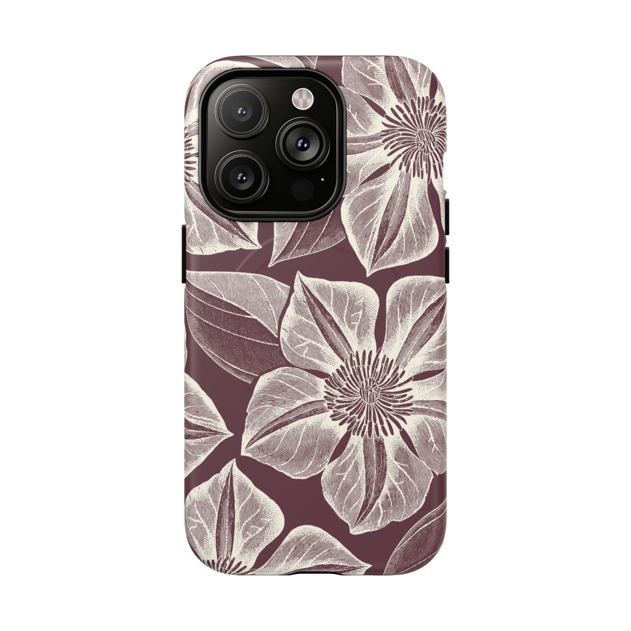 Vintage Bloom Burgundy MagSafe iPhone 14 Pro Case – Glossy | burgundy ground, large-scale cream clematis print, engraved petal detail, dual-layer protection