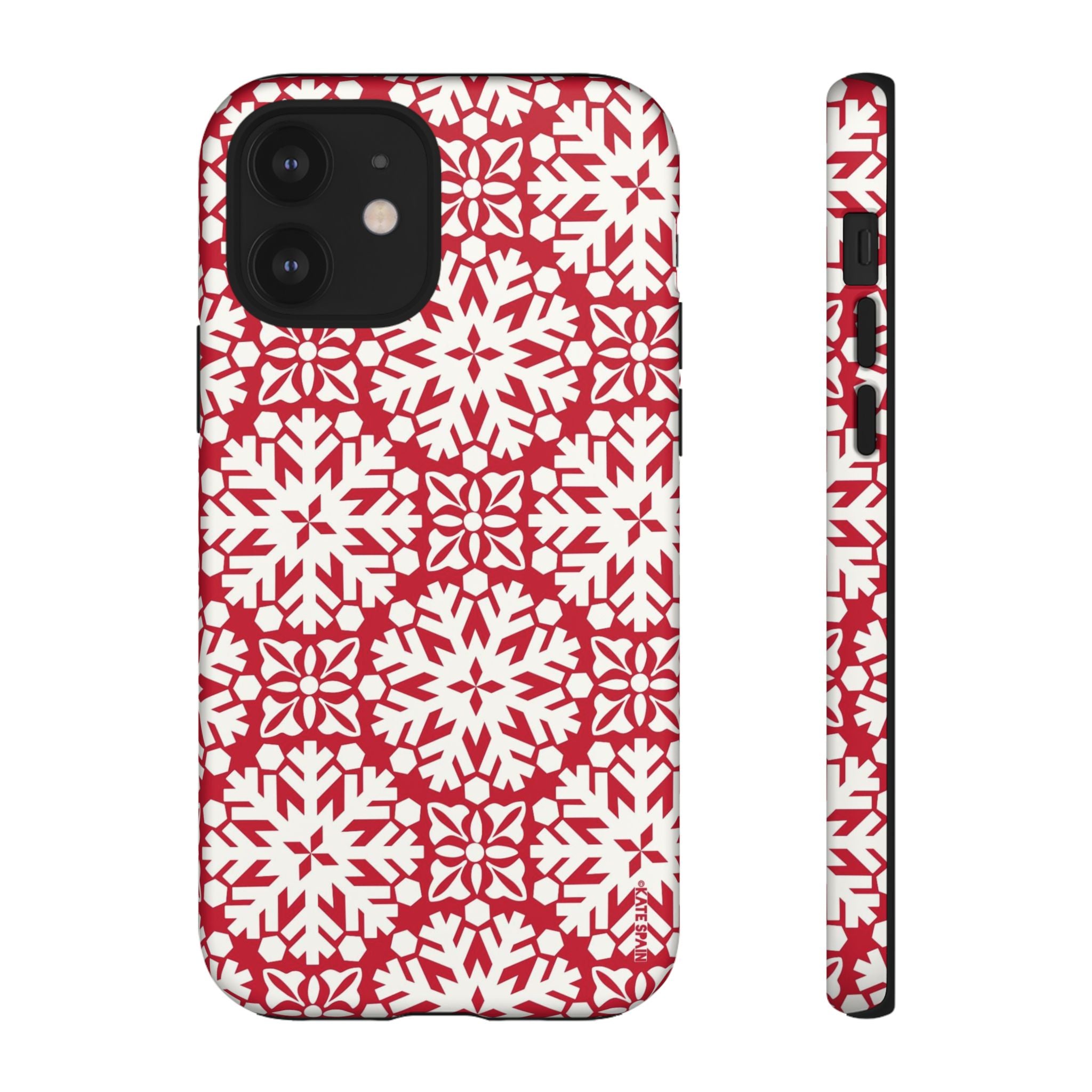 Flurry Tough iPhone 12 Case – Matte | red, cream geometric snowflake medallion print