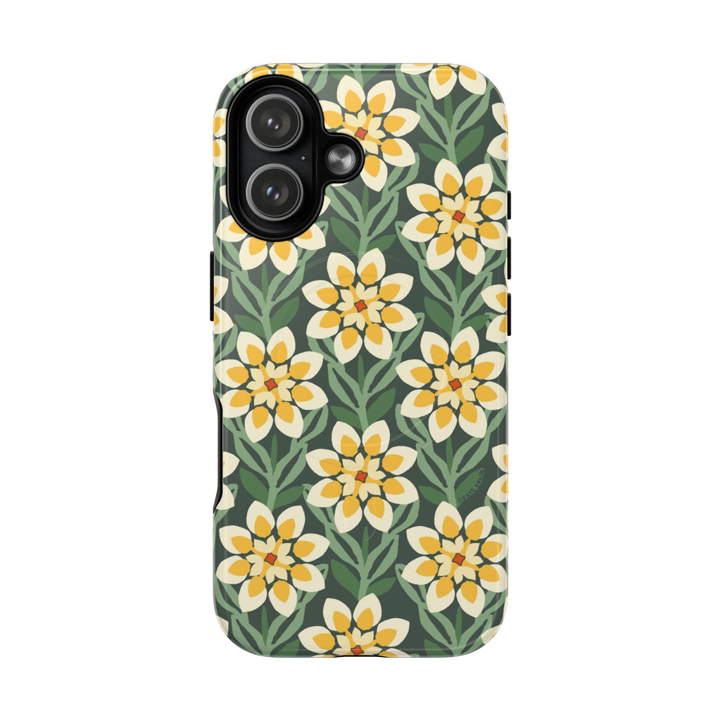 Designer Modern Dahlia MagSafe iPhone 16 Plus Case – Matte | yellow, cream, green dahlia floral print
