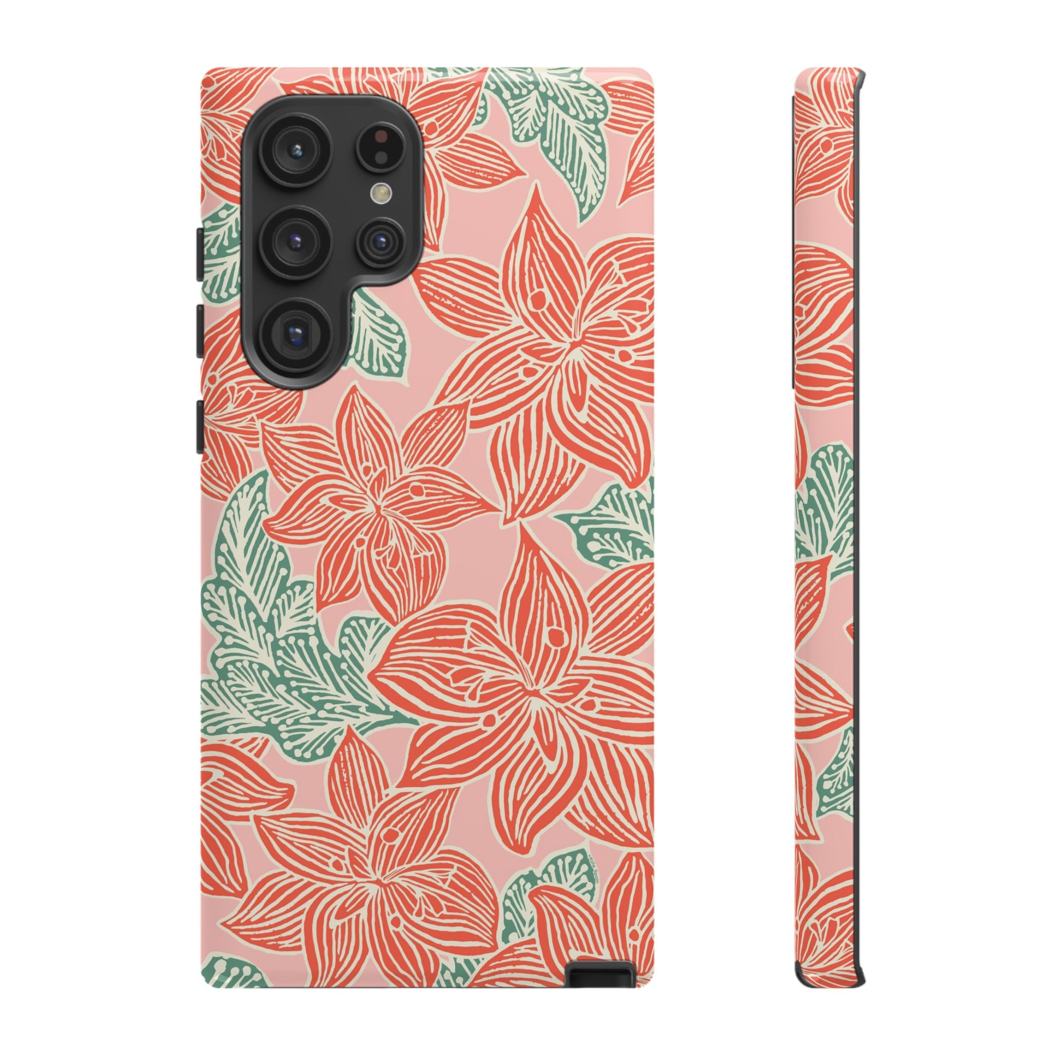 Hibiscus Coral Samsung Galaxy S22 Ultra Glossy Case — blush pink hard case with large-scale coral red hibiscus flowers and teal-green leaves in a bold botanical linework print, densely layered across the surface
