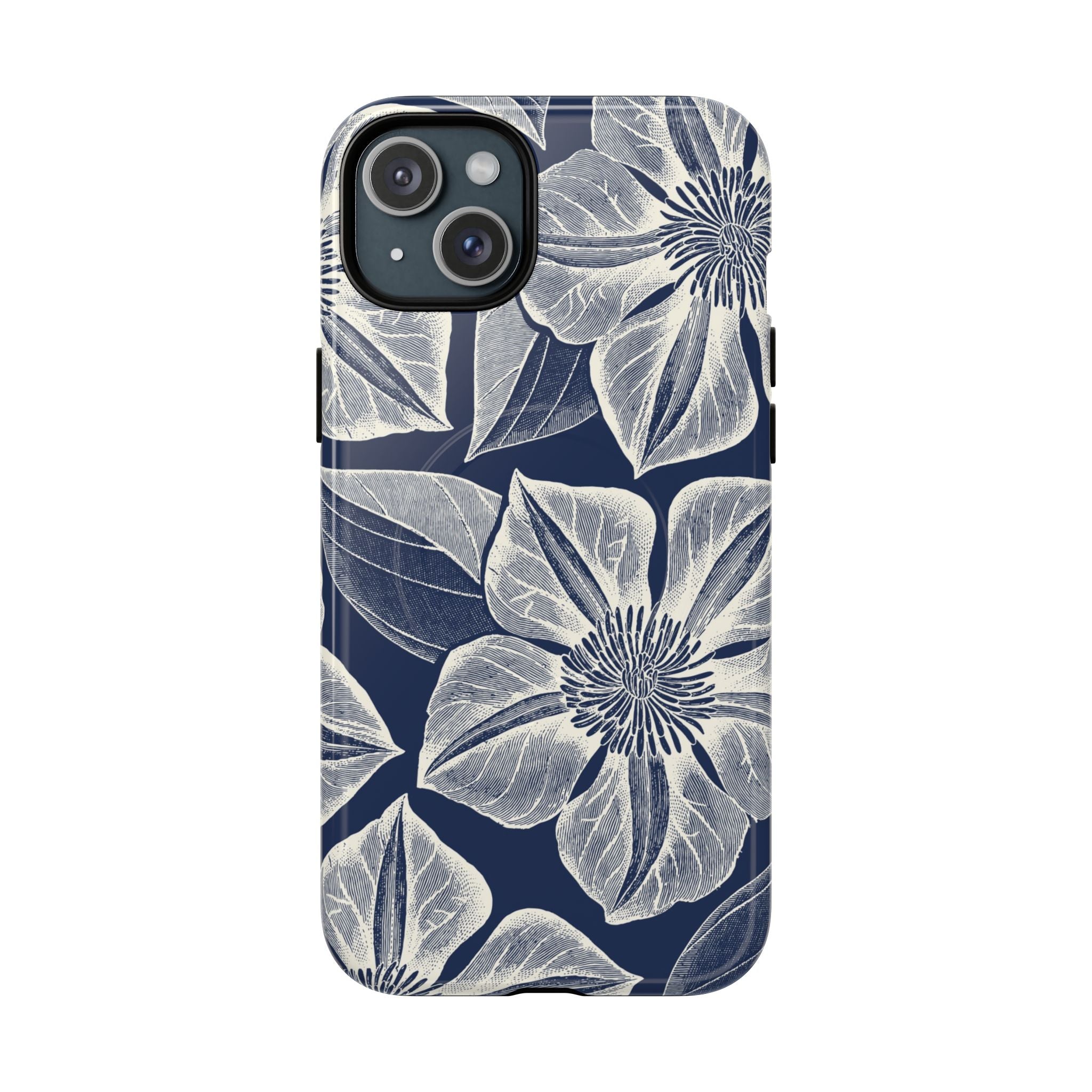 Vintage Bloom Navy MagSafe iPhone 15 Plus Case – Glossy | navy ground, large-scale white clematis print, engraved petal detail, dual-layer protection