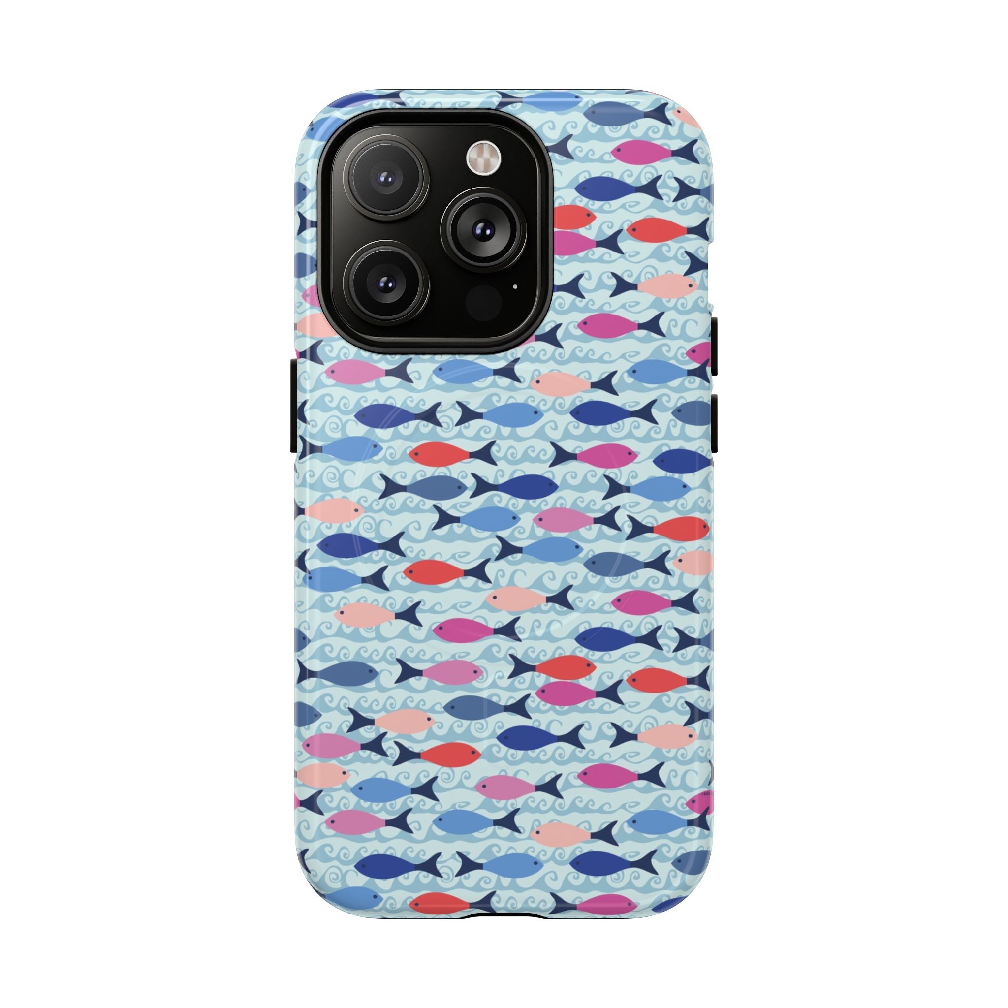 Summer Minnows MagSafe iPhone 14 Pro Case – Glossy | navy, coral, pink, and periwinkle fish on a pale aqua ground