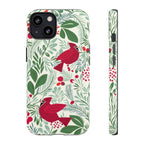 Birds and Berries Tough iPhone 13 Case – Glossy | cream, red, green botanical cardinal berry print