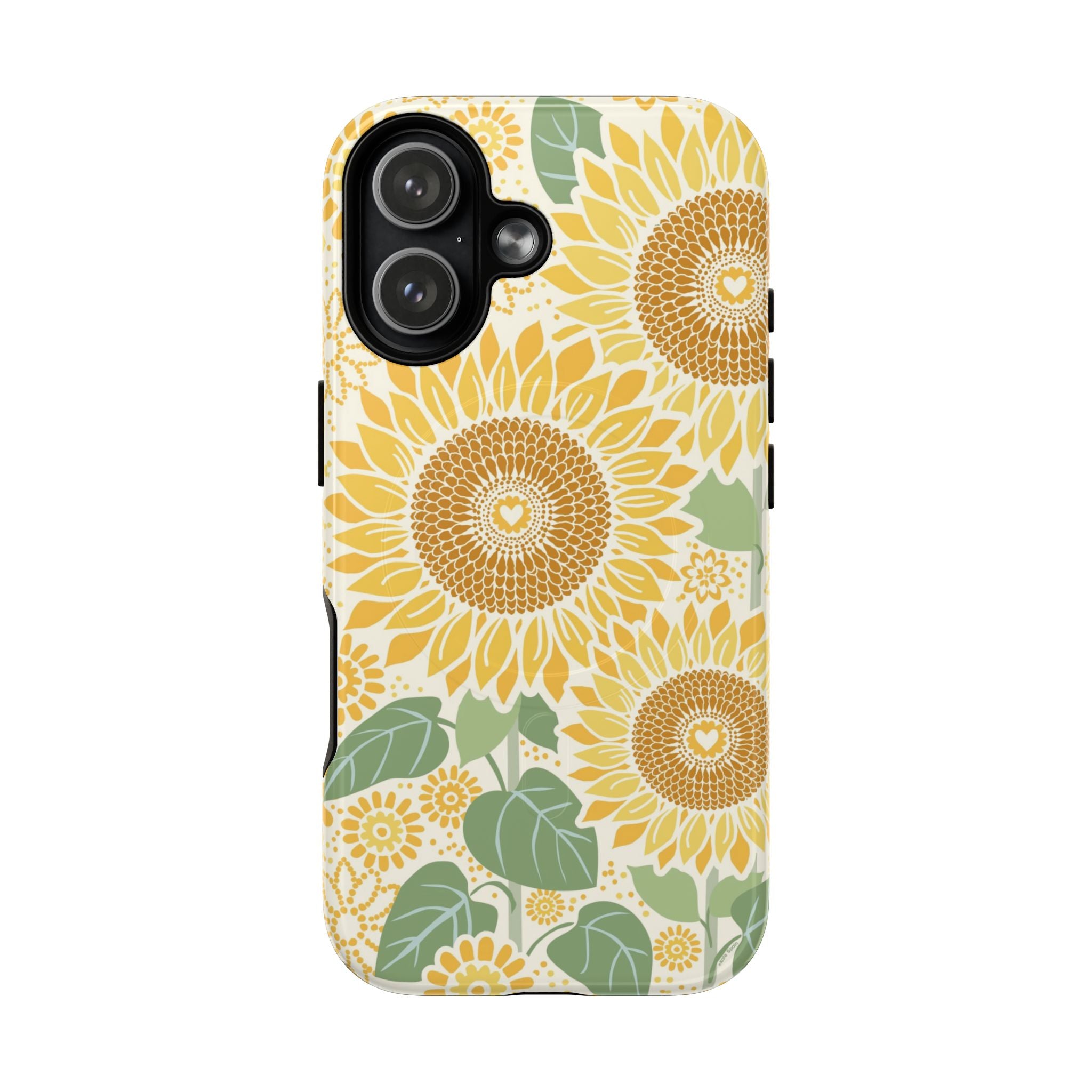 Sunny Sunflower MagSafe iPhone 17 – Glossy | cream ground, large-scale yellow sunflower print, golden seed detail with heart centers, dual-layer protection