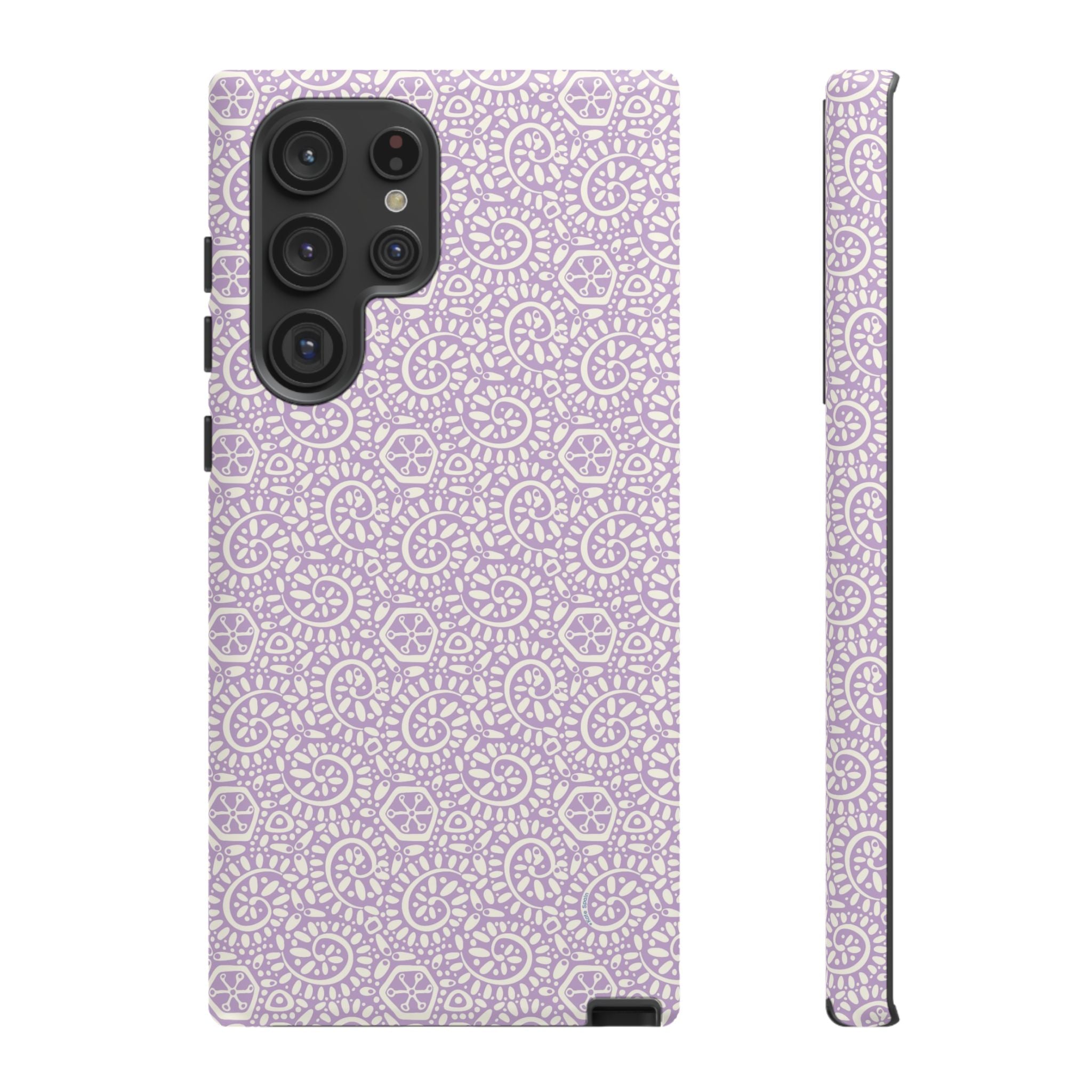 Canto Swirls Lavender Samsung Galaxy S22 Ultra Matte Case — lavender hard case covered in an intricate folk-art medallion pattern of radiating circular motifs, dot clusters, and geometric centers