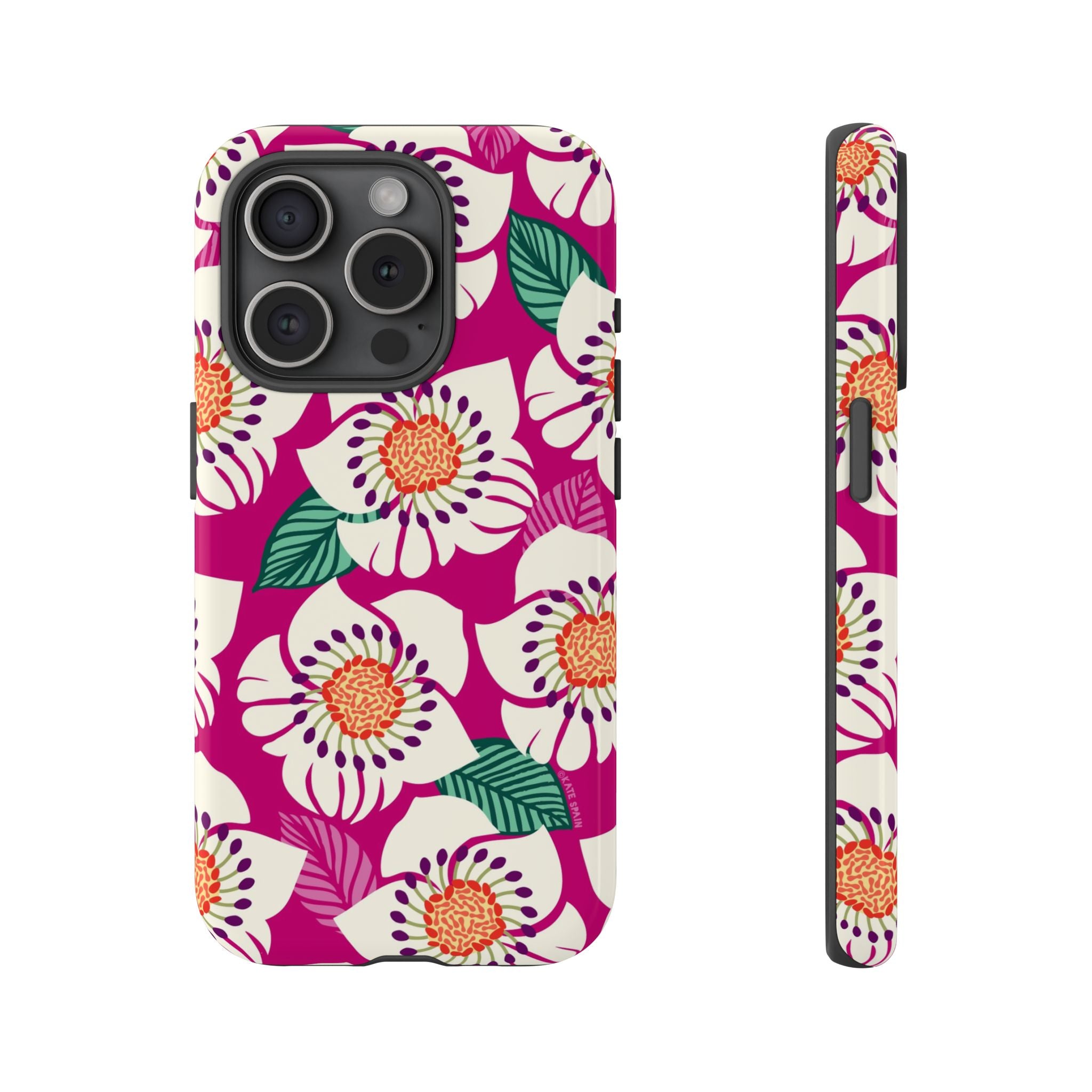Panache Rose Tough iPhone 15 Pro Case – Glossy | berry, cream white, peach anemone floral print