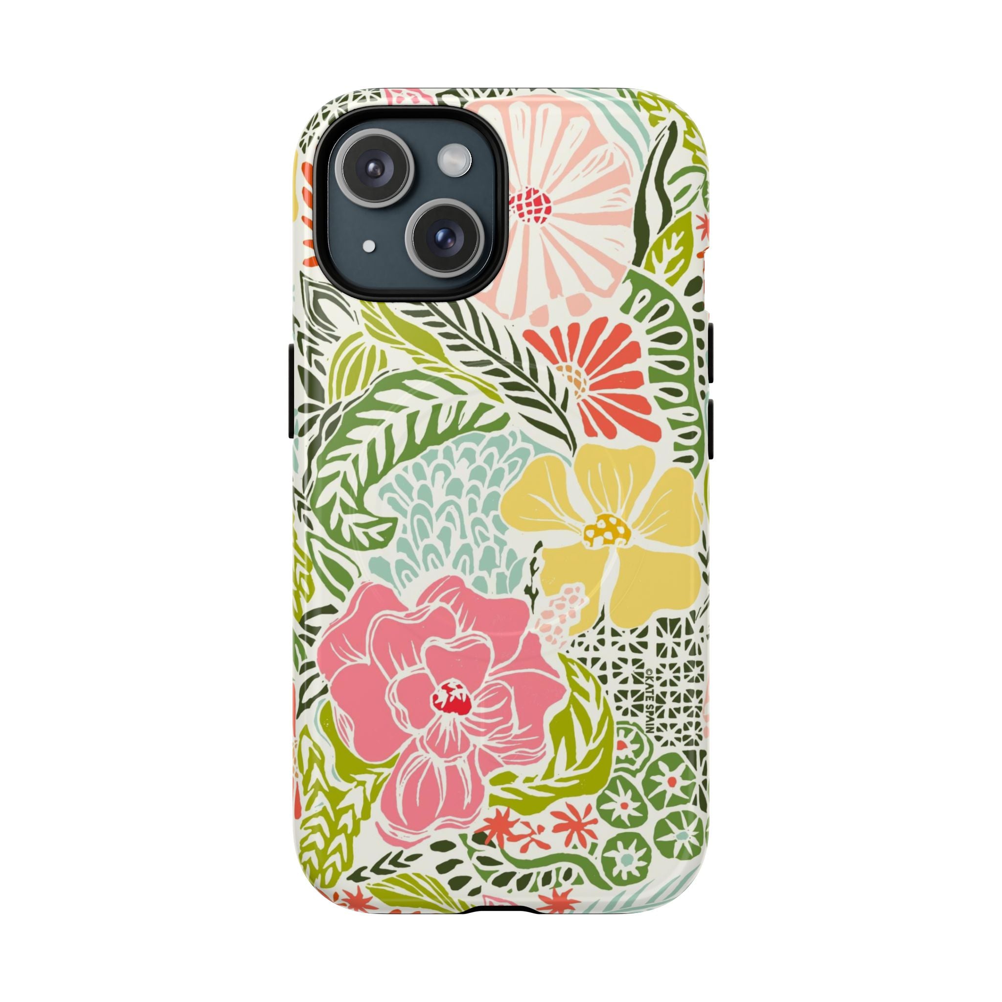 Tropica MagSafe iPhone 15 Case – Glossy | yellow, coral, pink, green botanical tropical floral print