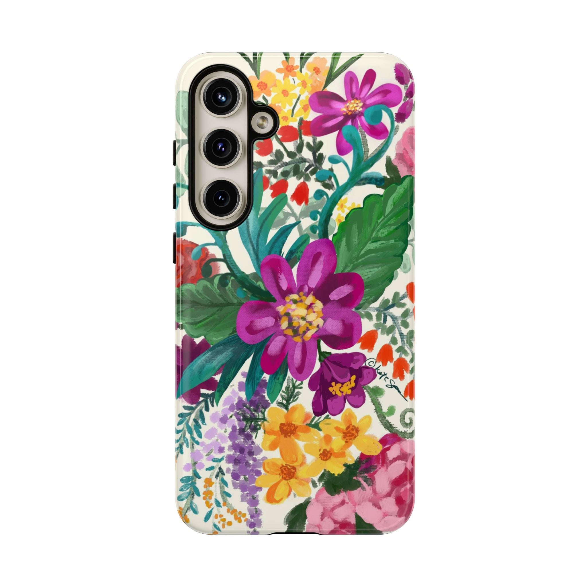 Tropical Posy Samsung Galaxy S24 Plus Case – Glossy | white, magenta, yellow, purple vibrant botanical floral print