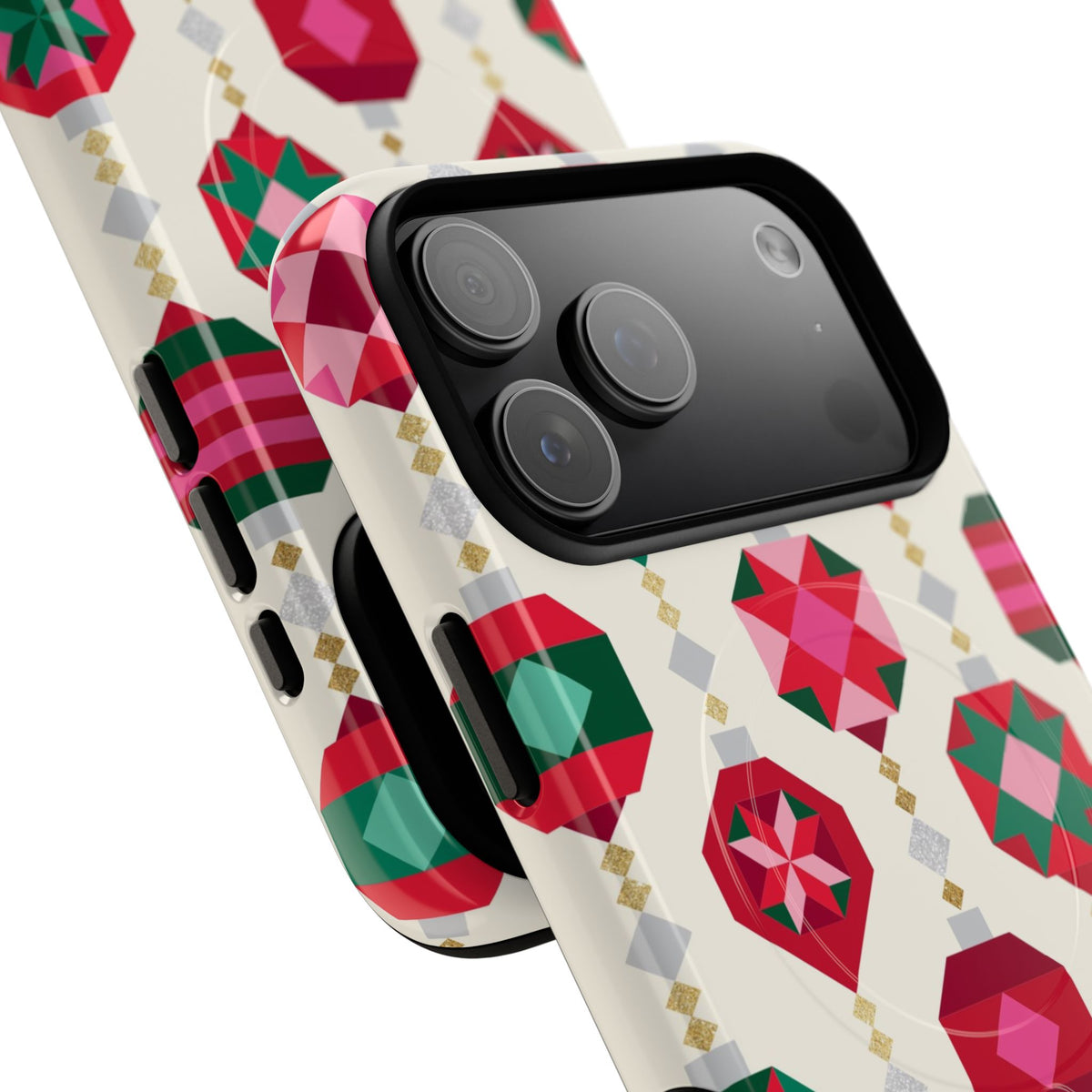 Felicity Ornaments MagSafe iPhone Case – detail view of case, camera cutout and buttons | holiday ornament print