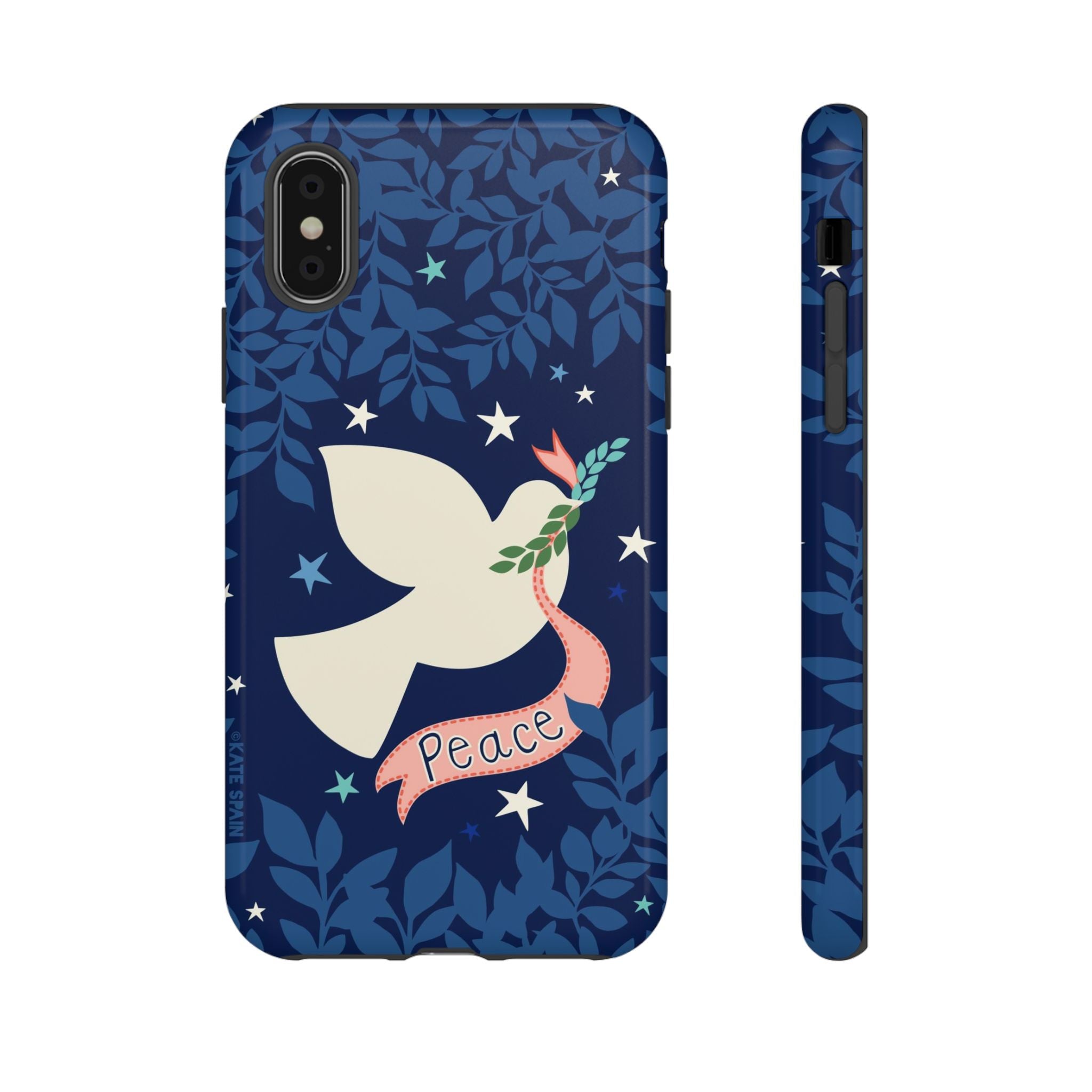 Peace Tough iPhone X Case – Glossy | navy, cream peace dove, stars, botanical print
