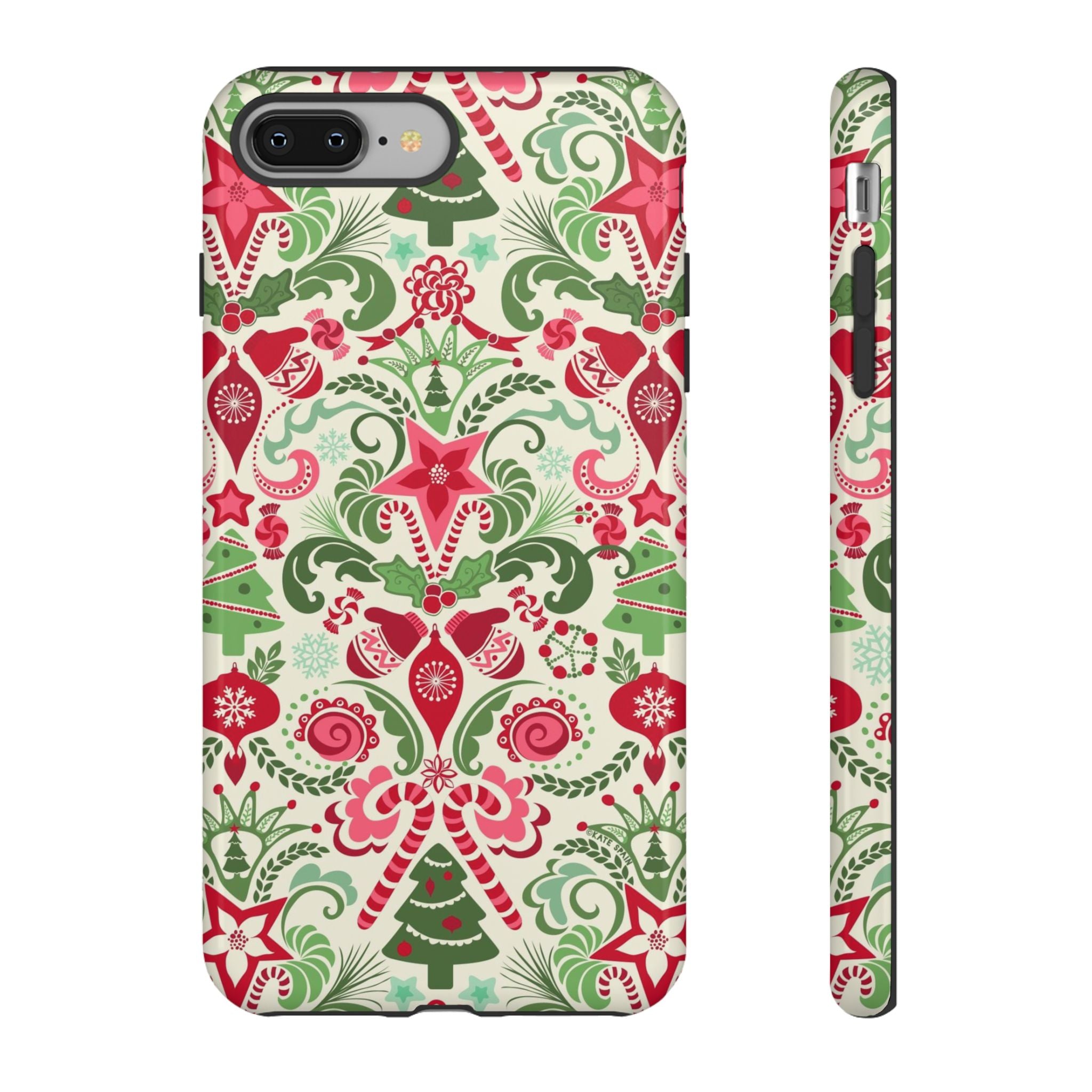 Wonderland Tough iPhone 8 Plus Case – Glossy | cream, red, green Christmas ornament damask print