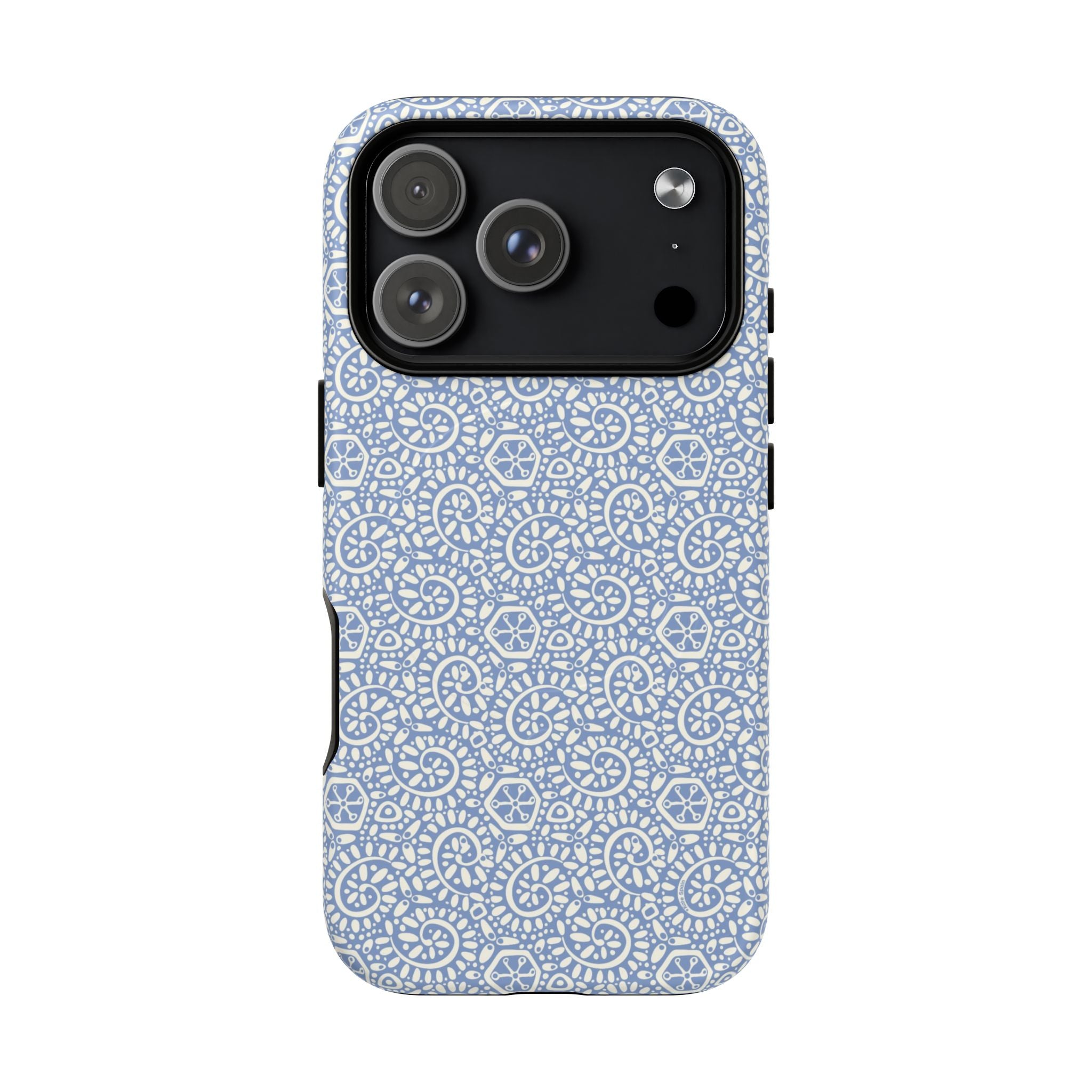 Canto Swirls Mist MagSafe iPhone 17 Pro Matte Case — periwinkle blue hard case covered in an intricate folk-art medallion pattern of radiating white circular motifs, dot clusters, and geometric centers