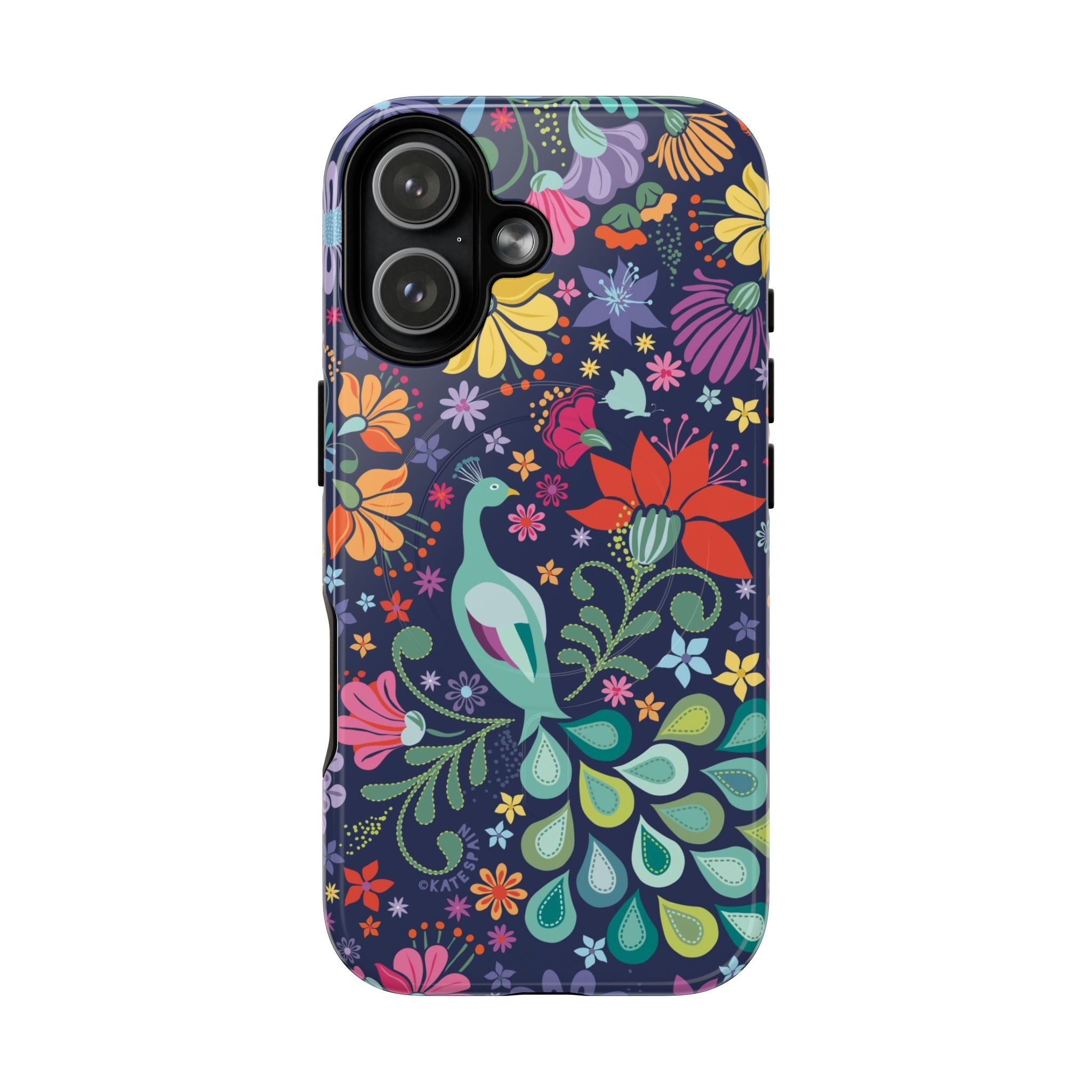 Peacock Sanctuary MagSafe iPhone 17 Case – Glossy | navy, teal, coral multicolor vibrant peacock feather botanical print
