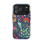 Peacock Sanctuary MagSafe iPhone 17 Pro Case – Matte | navy, teal, coral multicolor vibrant peacock feather botanical print