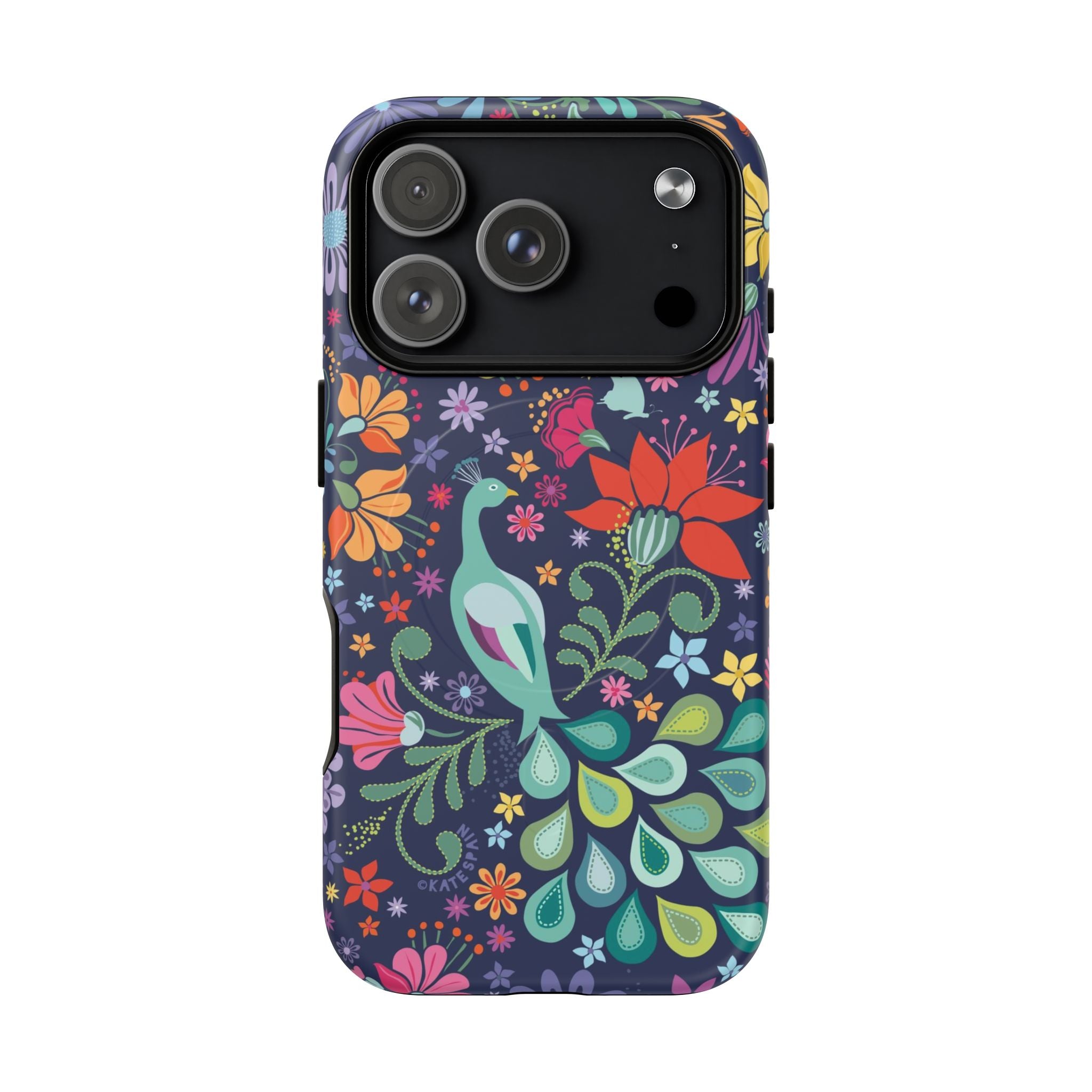 Peacock Sanctuary MagSafe iPhone 17 Pro Case – Matte | navy, teal, coral multicolor vibrant peacock feather botanical print