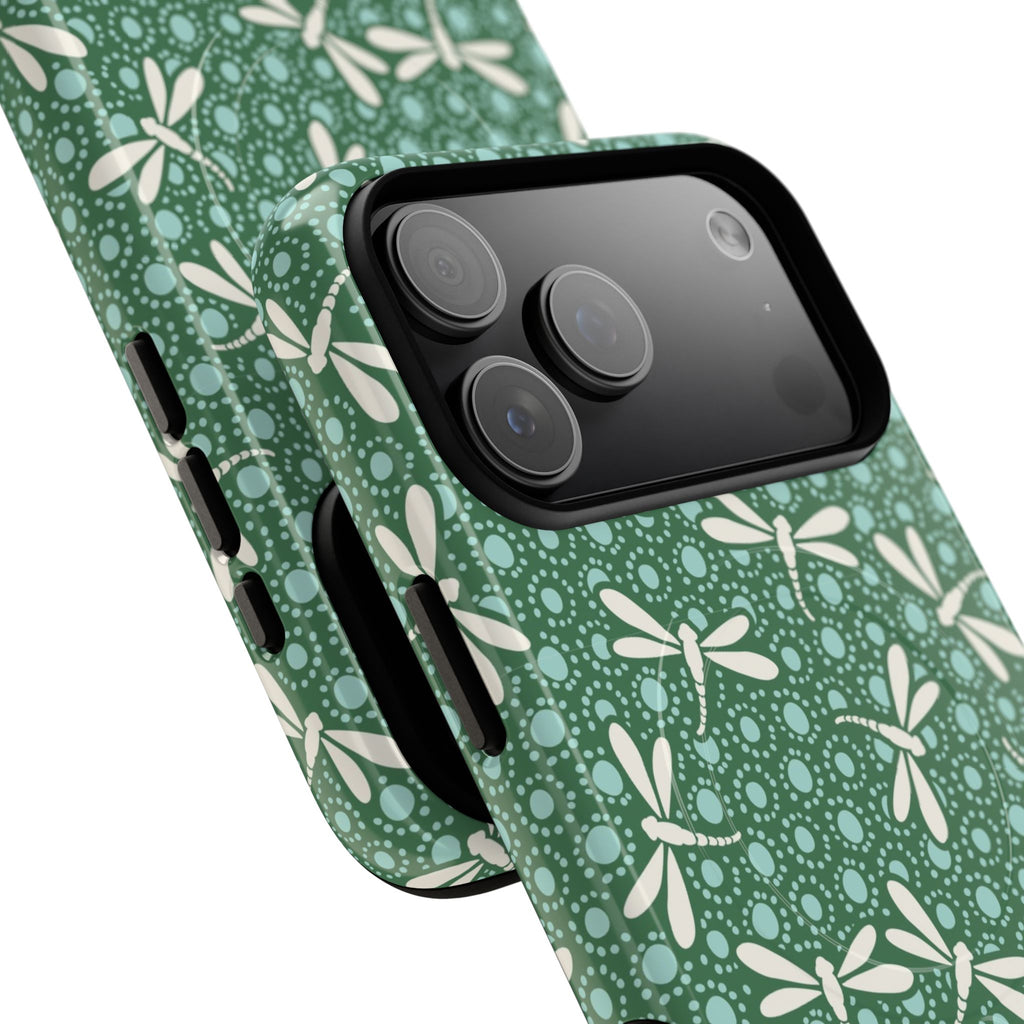 Designer Dragonfly MagSafe iPhone 17 Pro Max Case – detail view of 3 lenses in camera | jade green, aqua, cream dragonfly print
