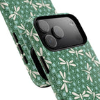 Designer Dragonfly MagSafe iPhone 17 Pro Max Case – detail view of 3 lenses in camera | jade green, aqua, cream dragonfly print
