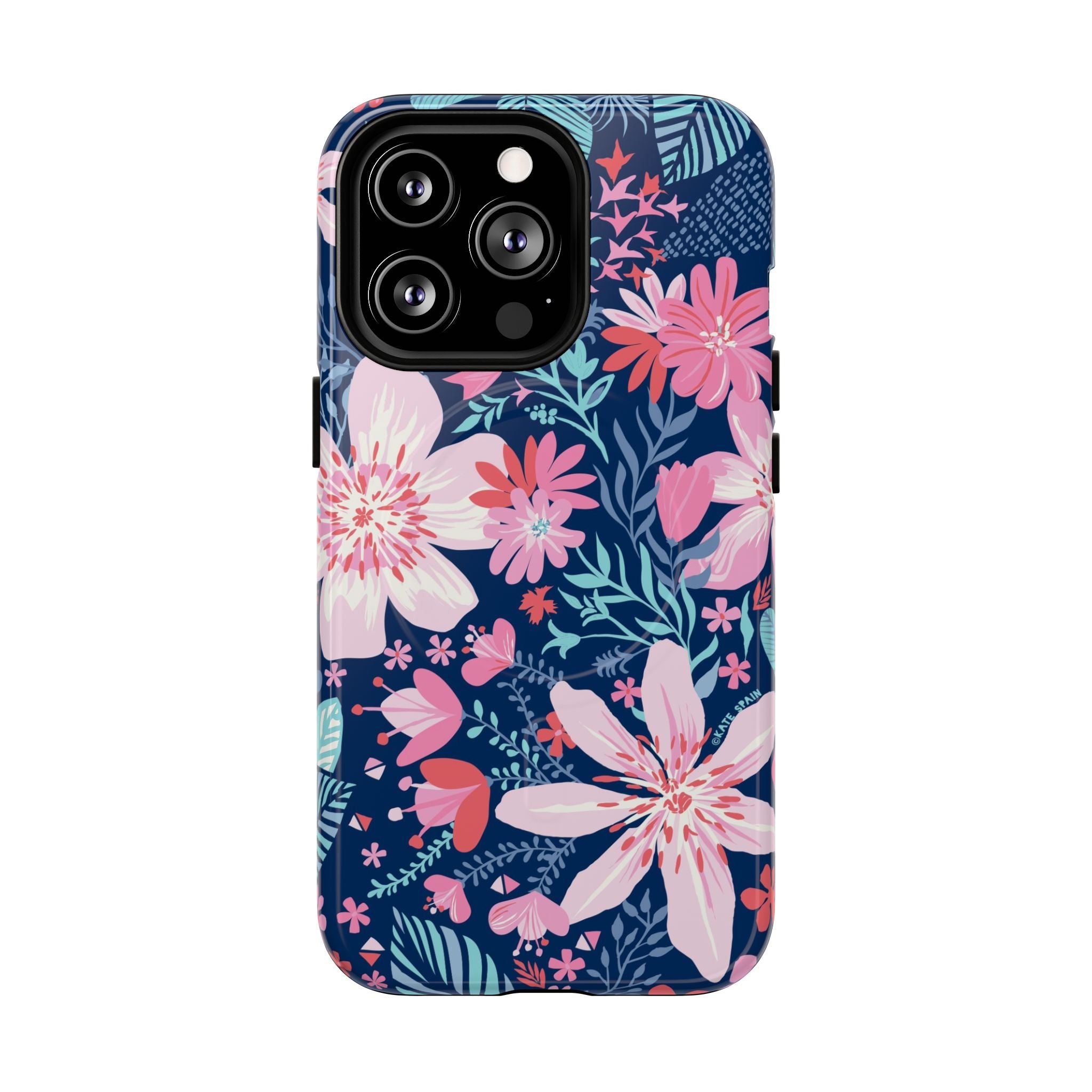 Bonaire MagSafe iPhone 13 Pro Case – Glossy | navy, pink, white tropical floral botanical print