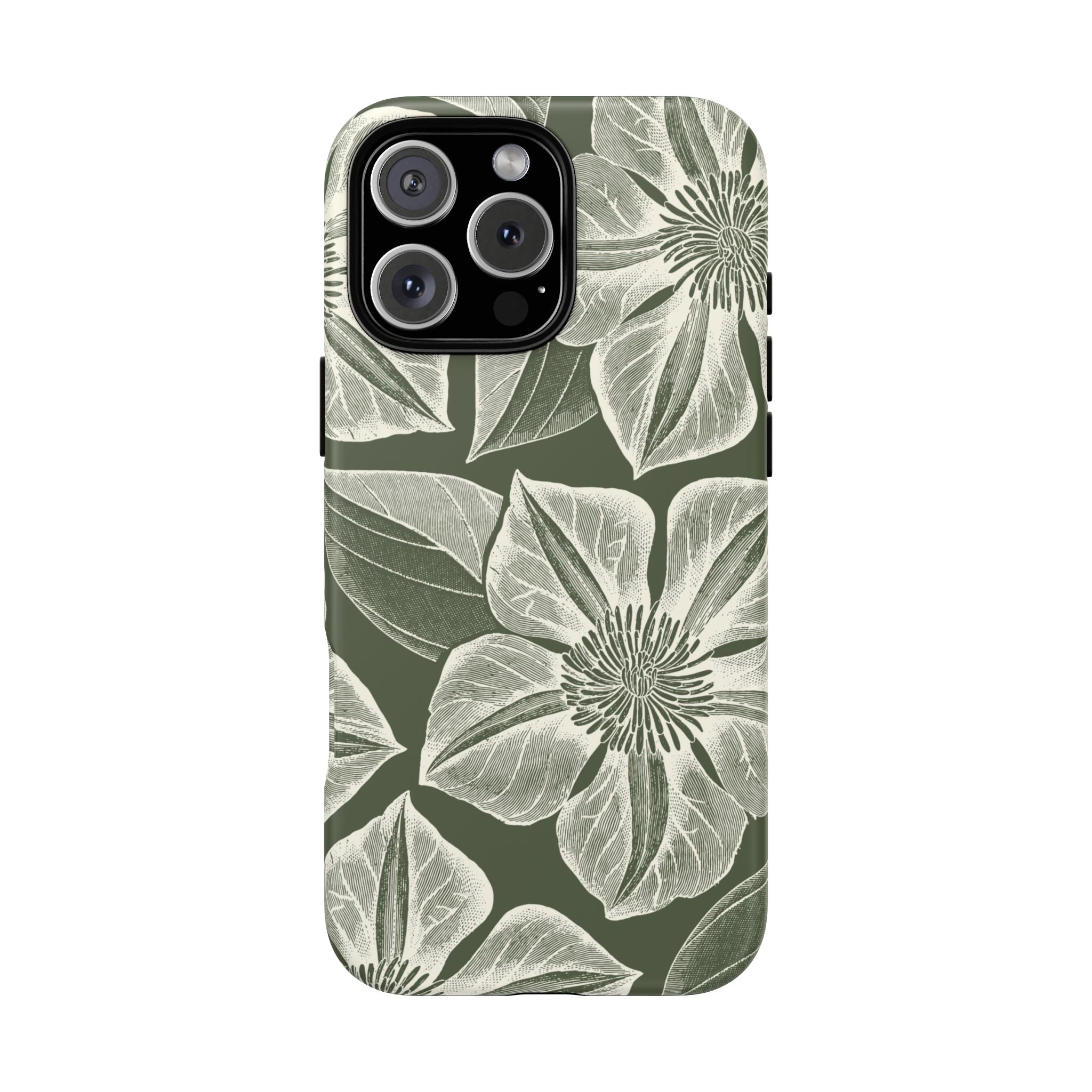 Vintage Bloom Cypress iPhone 16 Pro Max case – Matte | cypress green ground, large-scale white clematis print, engraved petal detail, dual-layer protection