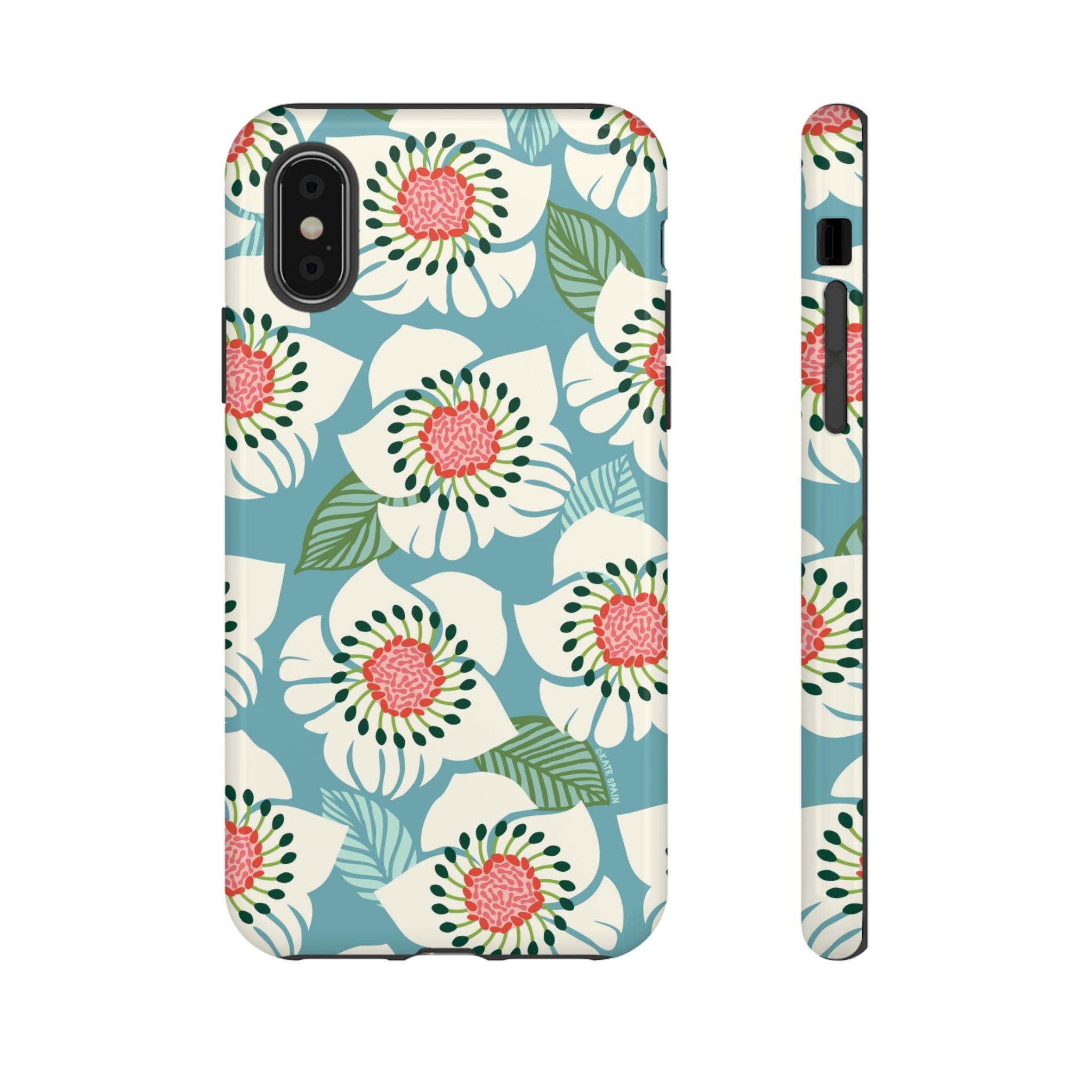 Panache Floral Tough iPhone XS Case – Glossy | sky blue, pale cream, pink anemone floral print