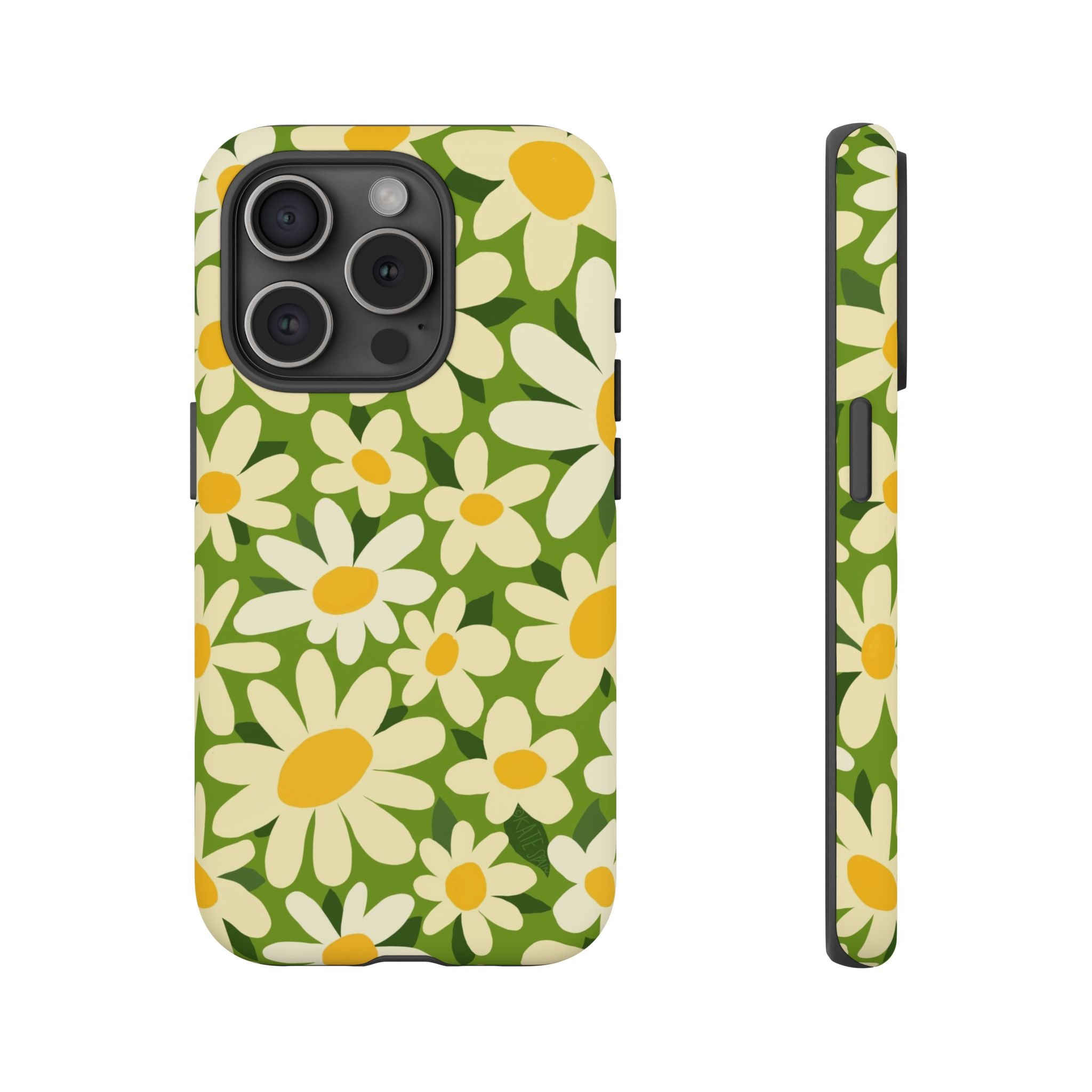 Shasta Daisy Tough iPhone 15 Pro Case – Matte | green, white, yellow daisy floral print