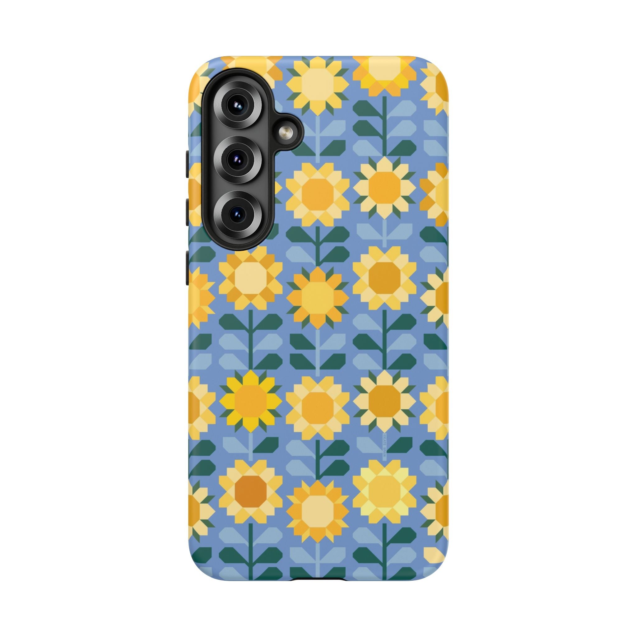 Luxury Sunflowers Samsung Galaxy S25 Plus Case – Matte | blue, yellow, gold geometric sunflower print 