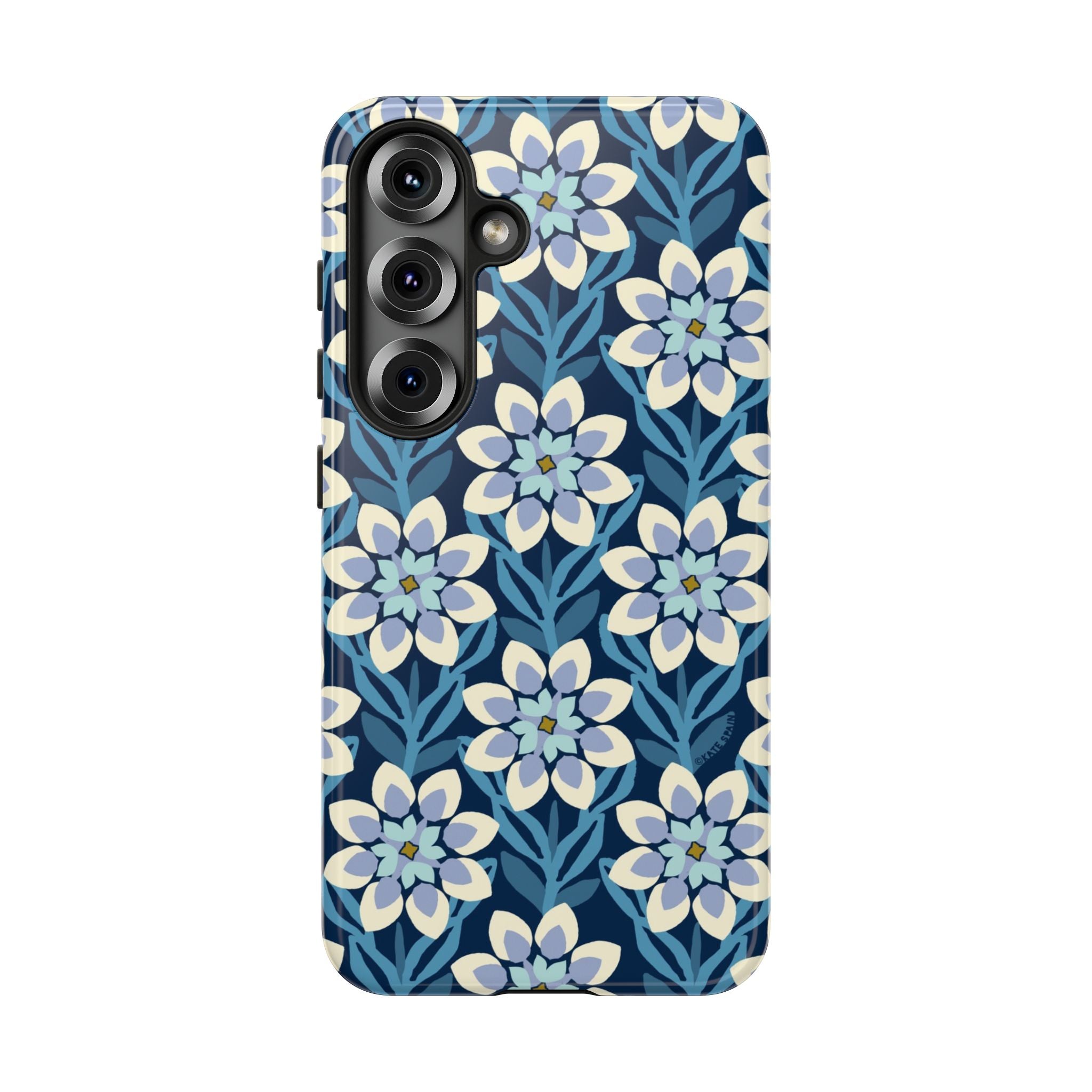 Luxury Modern Dahlia Samsung Galaxy S25 Case – Glossy | navy, white, periwinkle modern dahlia print