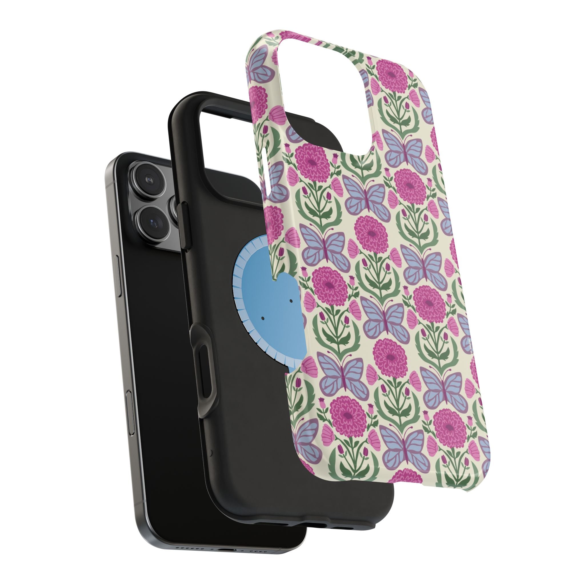 Butterfly MagSafe iPhone Case – exploded side view showing dual-layer construction | cream, magenta, periwinkle butterfly floral print