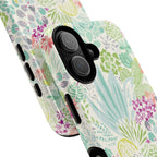 Canyon MagSafe iPhone 17 Case – Glossy | cream, sage, aqua, mauve, fuschia botanical succulent print | angled view closeup of camera cutout and buttons