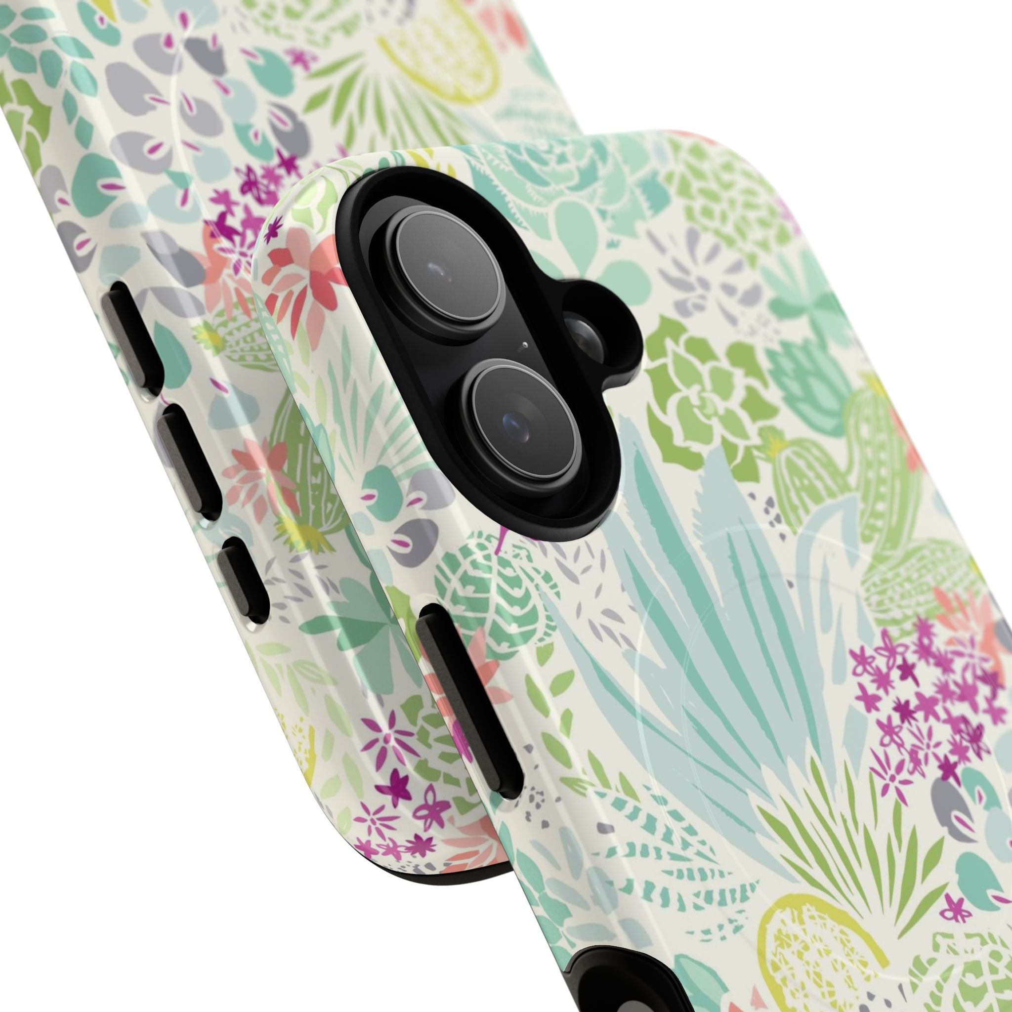 Canyon MagSafe iPhone 17 Case – Glossy | cream, sage, aqua, mauve, fuschia botanical succulent print | angled view closeup of camera cutout and buttons
