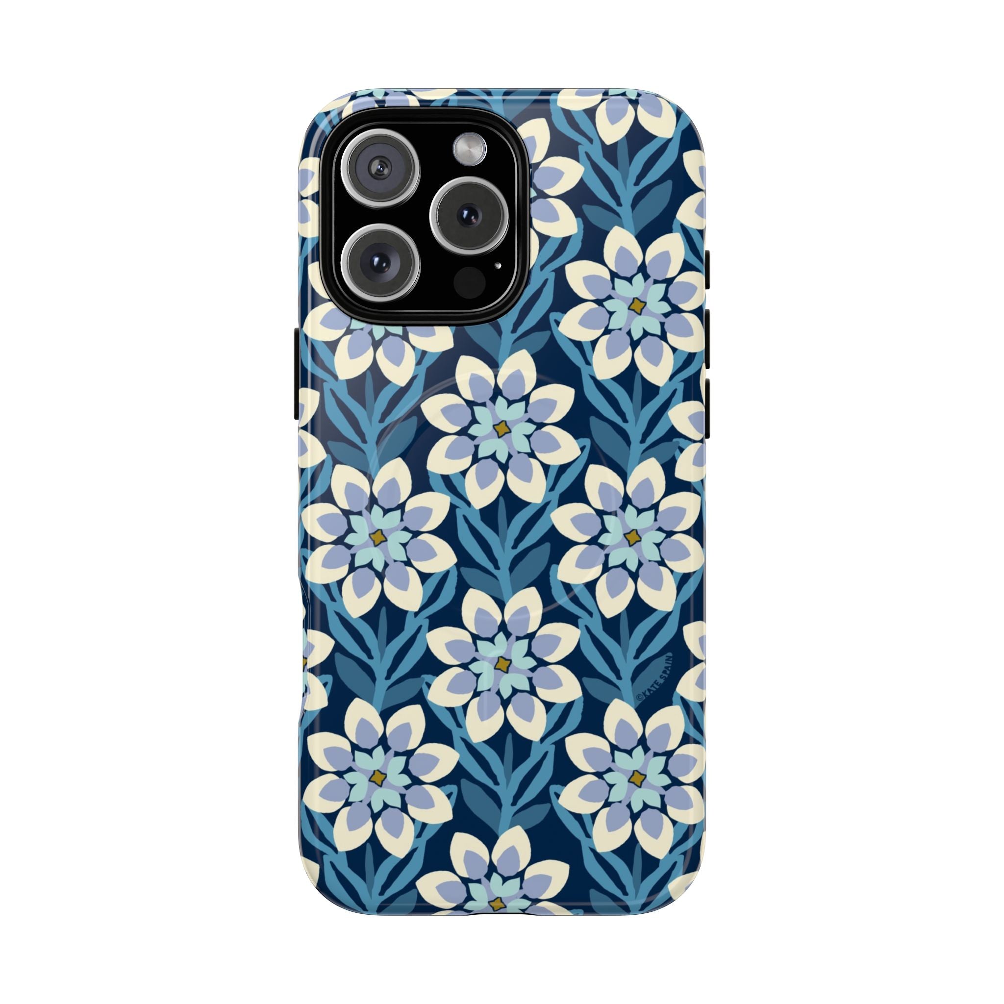 Luxury Modern Dahlia MagSafe iPhone 16 Pro Max Case – Glossy | navy, slate blue, white geometric dahlia tile floral print