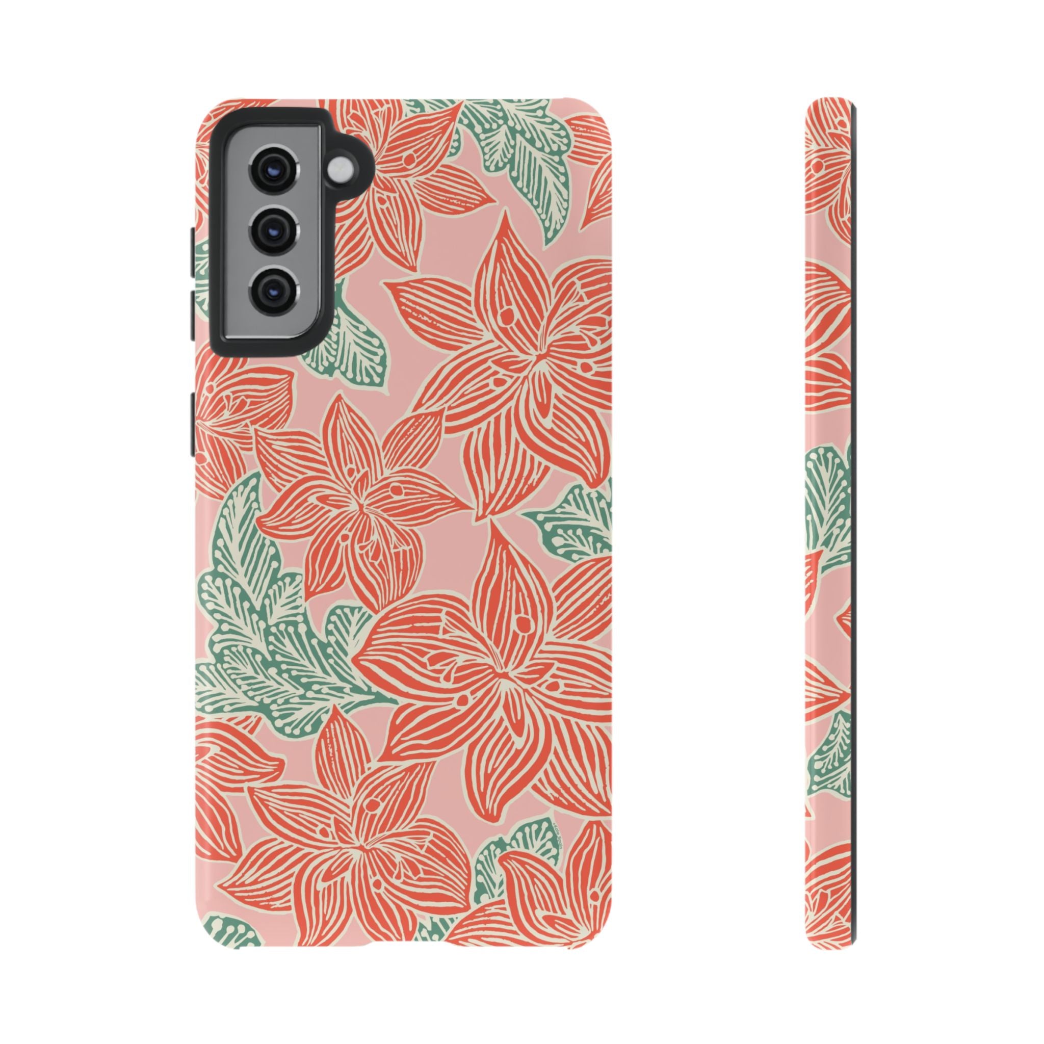 Hibiscus Coral Samsung Galaxy S21 Plus Glossy Case — blush pink hard case with large-scale coral red hibiscus flowers and teal-green leaves in a bold botanical linework print, densely layered across the surface