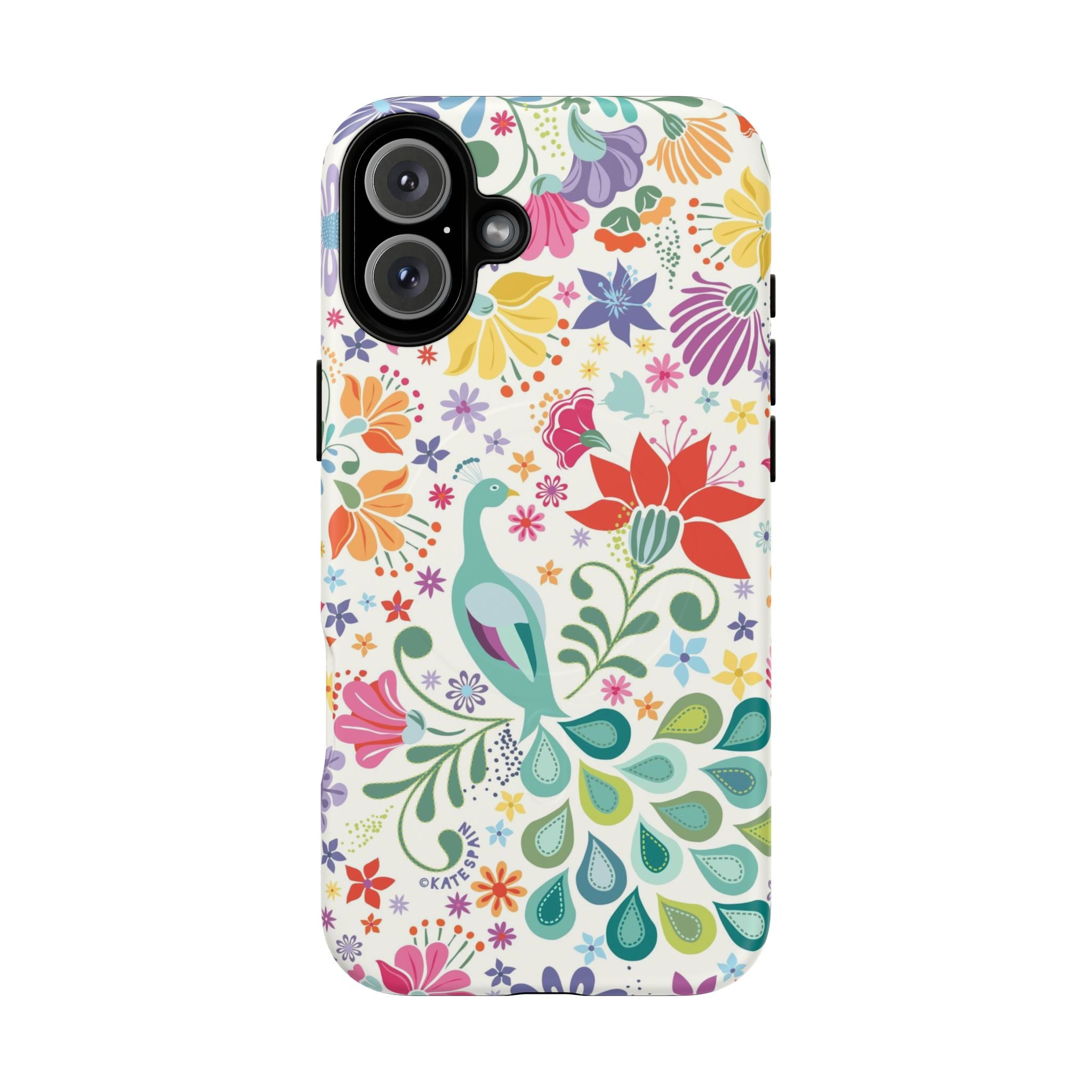 Peacock Sanctuary MagSafe iPhone 16 Plus Case – Matte | cream, teal, coral multicolor vibrant peacock feather botanical print