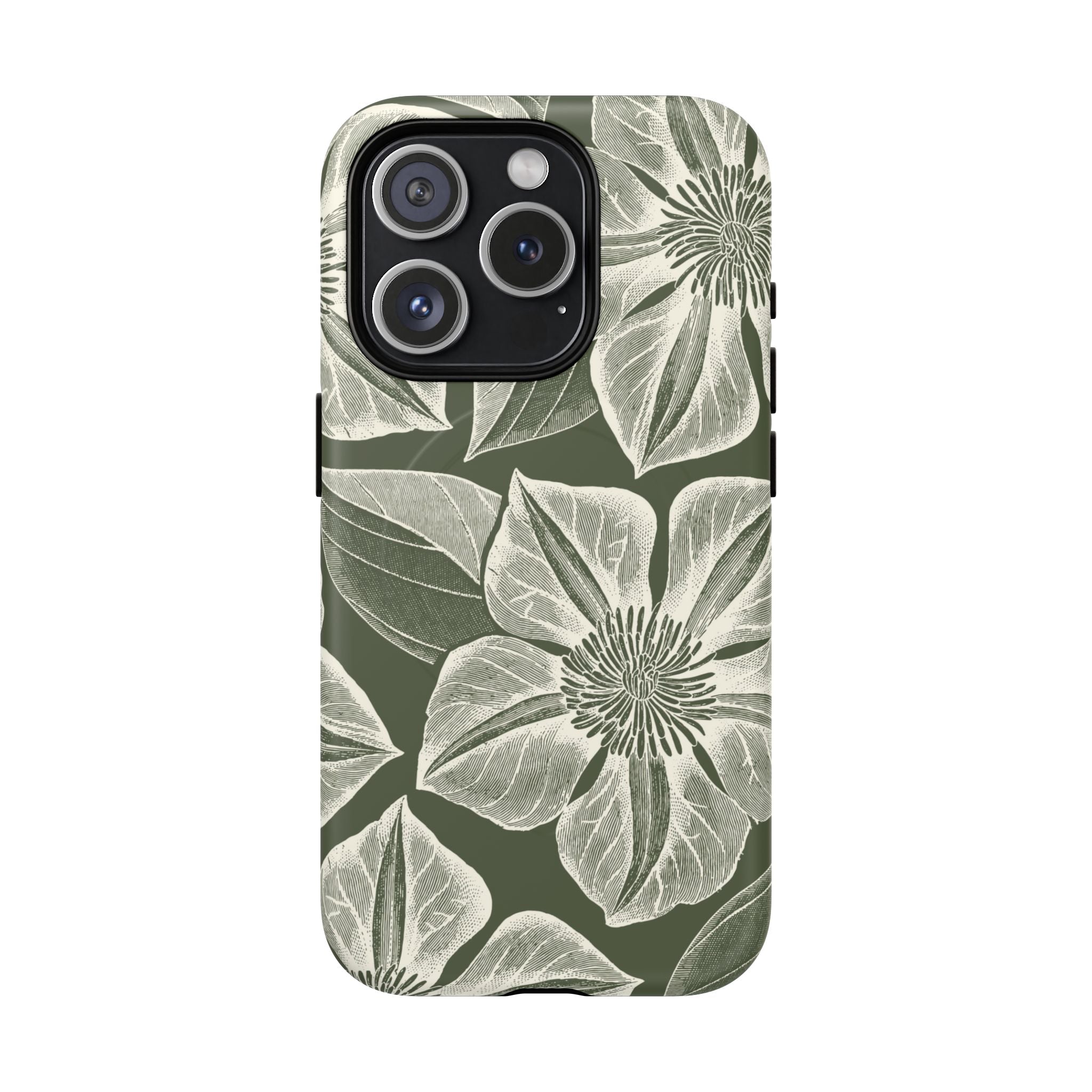 Vintage Bloom Cypress MagSafe iPhone 15 Pro – Matte | cypress green ground, large-scale white clematis print, engraved petal detail, dual-layer protection