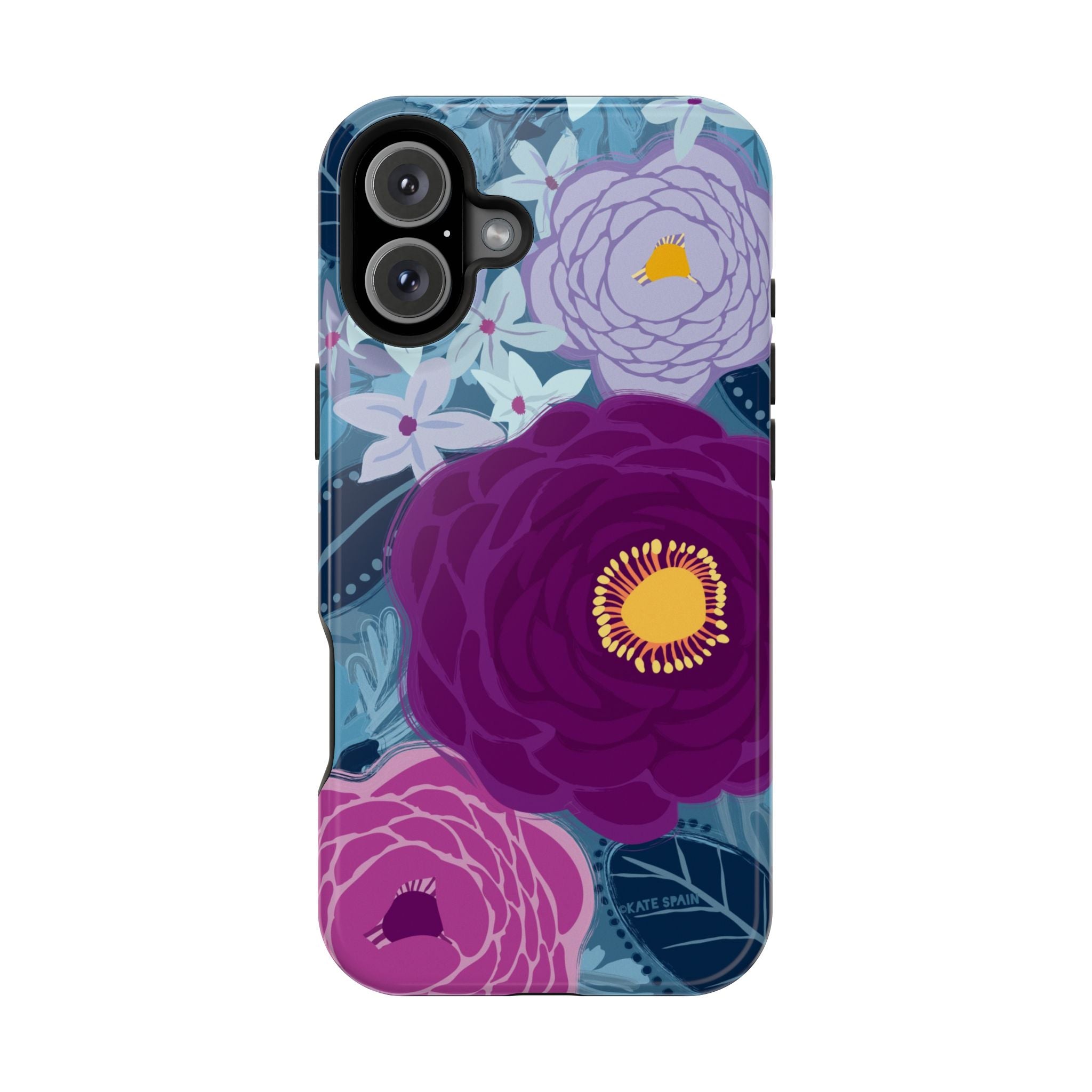 Bloomerie MagSafe iPhone 16 Plus Case – Glossy | navy, purple, magenta botanical peony floral print