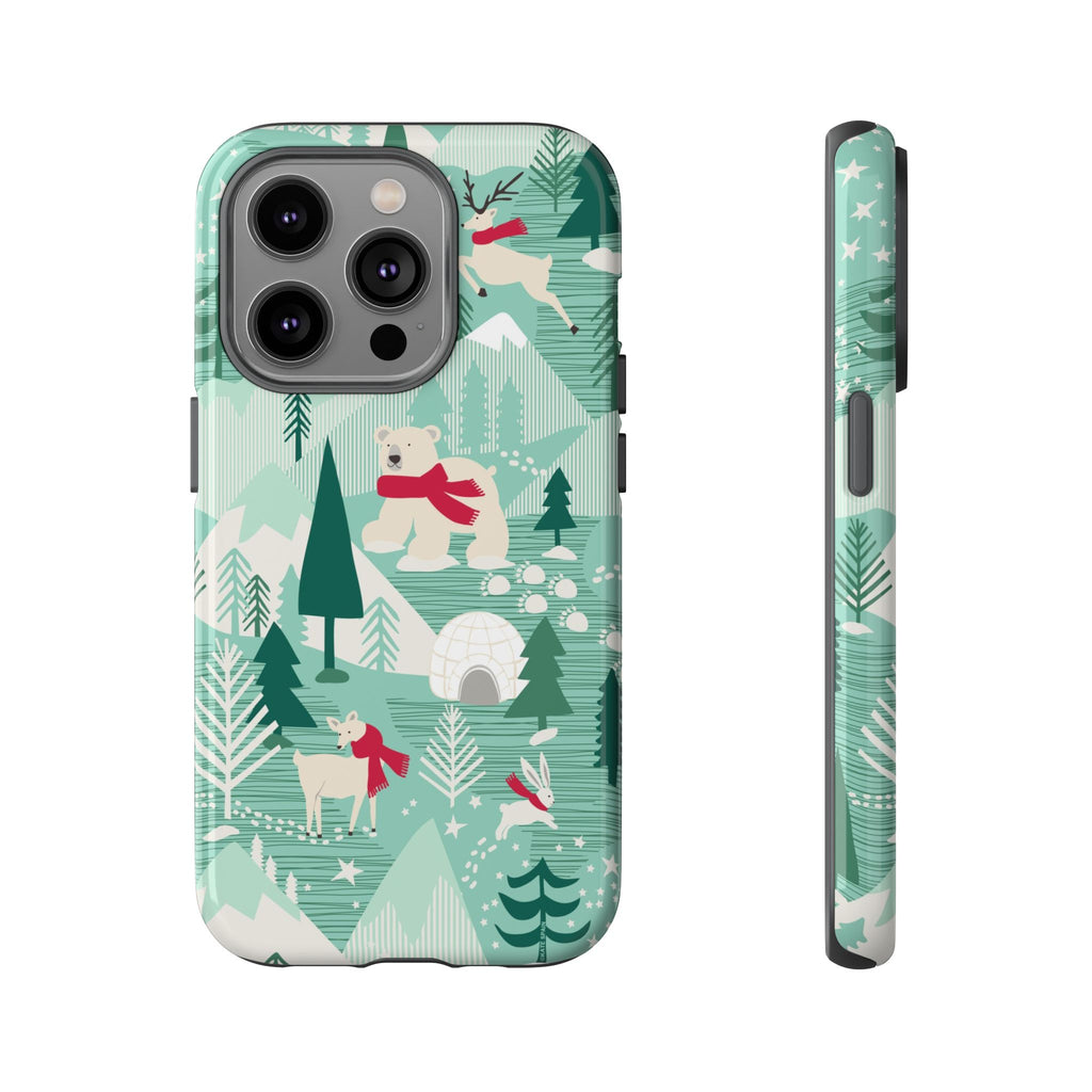 Arctica Winter Tough iPhone 14 Pro Case – Glossy | aqua, evergreen, white, animal frolic winter wonderland print
