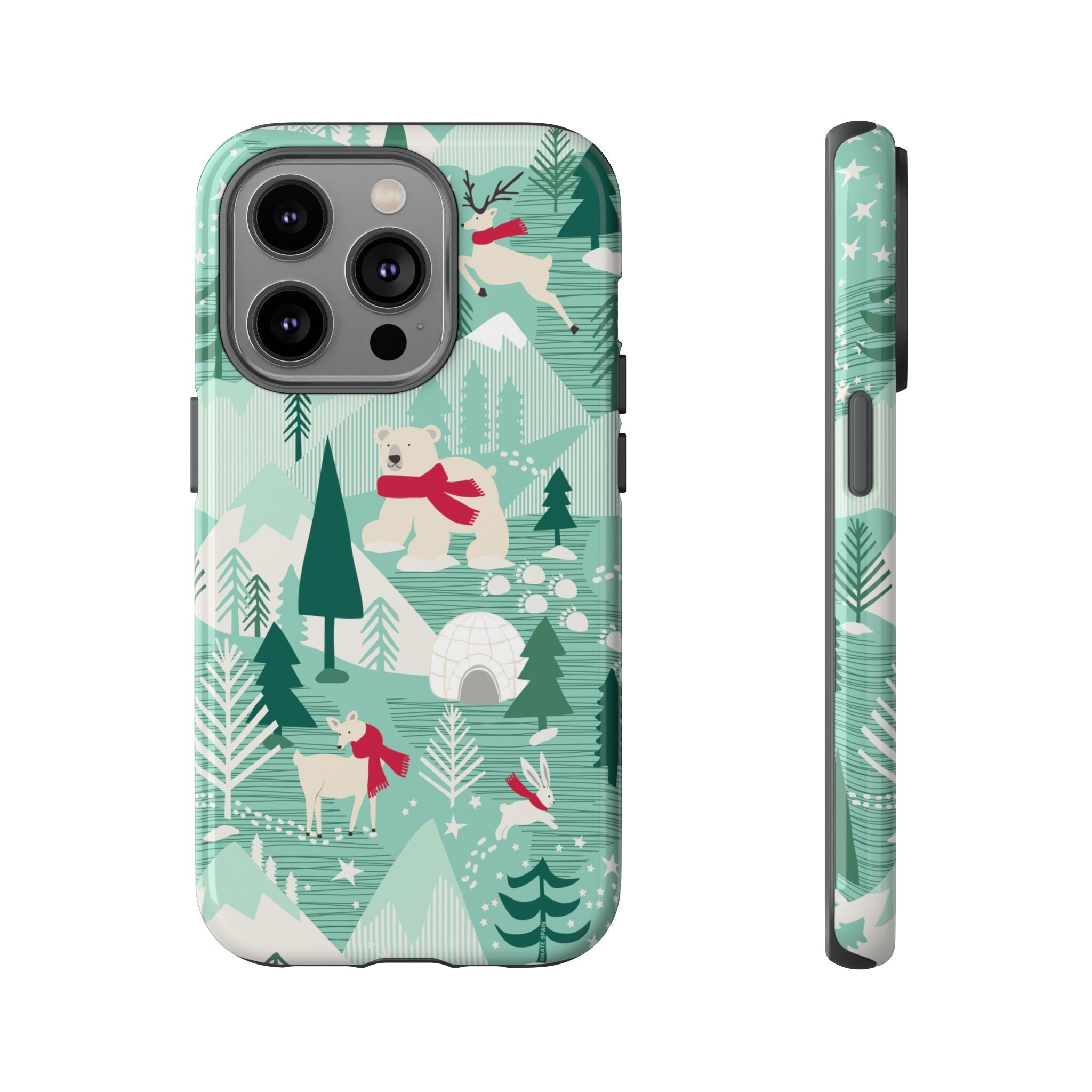 Arctica Winter Tough iPhone 14 Pro Case – Glossy | aqua, evergreen, white, animal frolic winter wonderland print