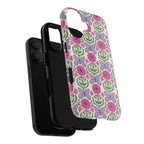 Butterfly MagSafe iPhone 17 Case – Dual-layered view of case and inner lining in front of phone, with view of camera cutout and buttons | cream, magenta, periwinkle butterfly floral print