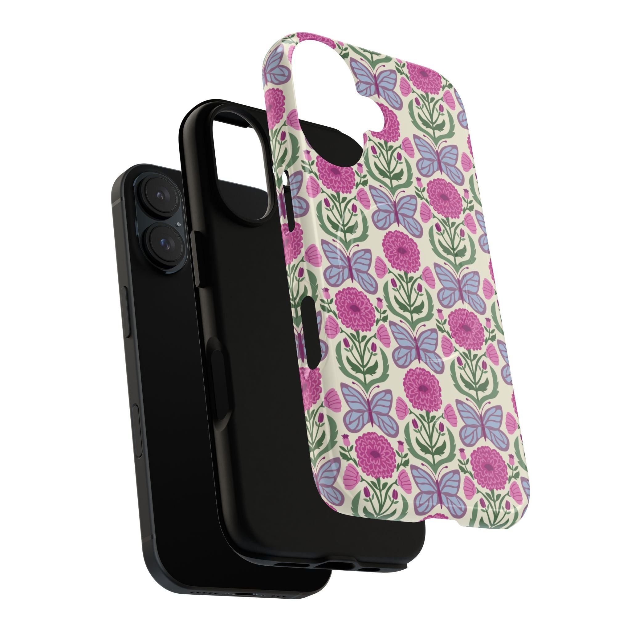 Butterfly MagSafe iPhone 17 Case – Dual-layered view of case and inner lining in front of phone, with view of camera cutout and buttons | cream, magenta, periwinkle butterfly floral print
