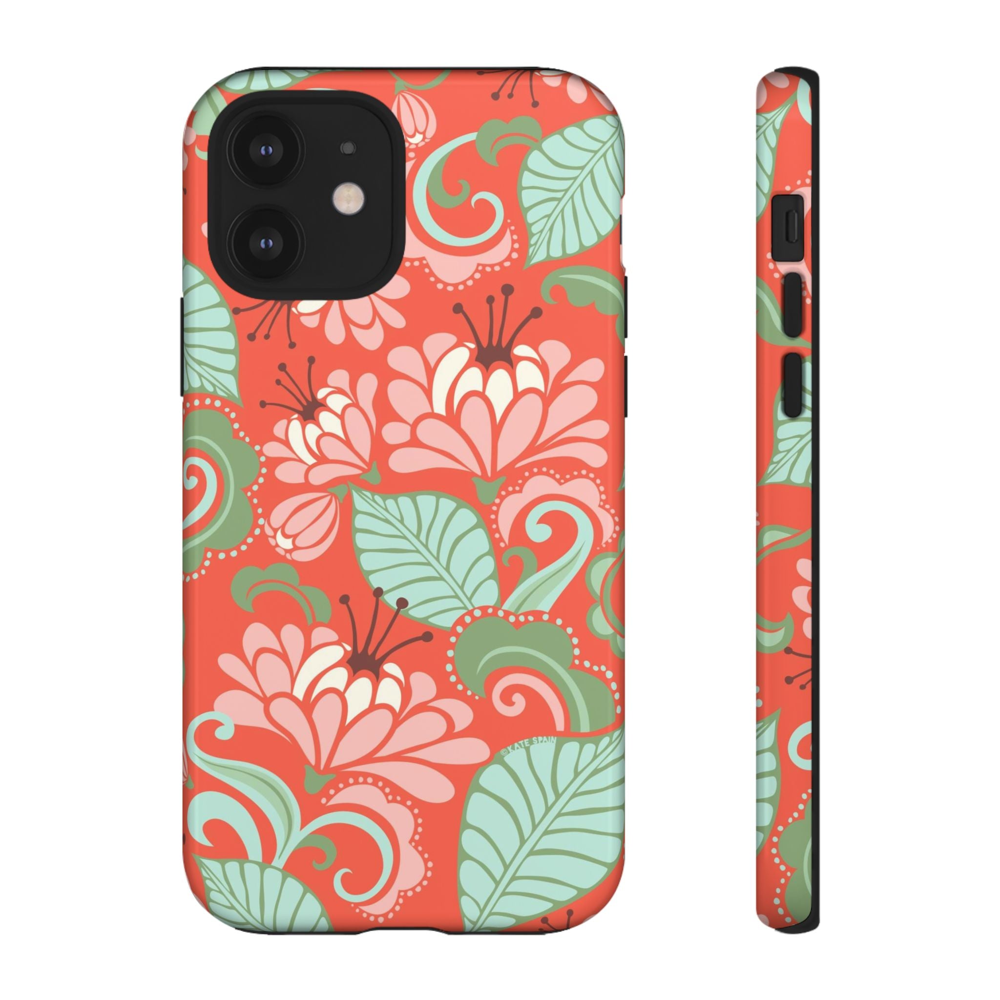 Sarabande Tough iPhone 12 Case – Glossy | coral, pink, cream, green botanical floral print