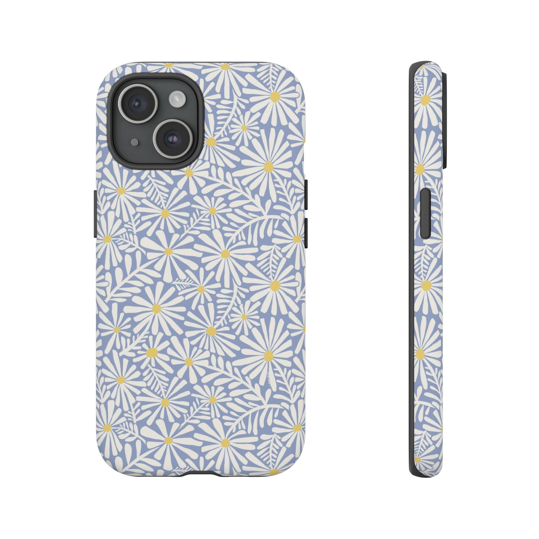 Montauk Daisy Cottage Blue iPhone 15 Case – Matte | periwinkle blue, white graphic daisy and fern print, golden yellow centers | dual-layer protection