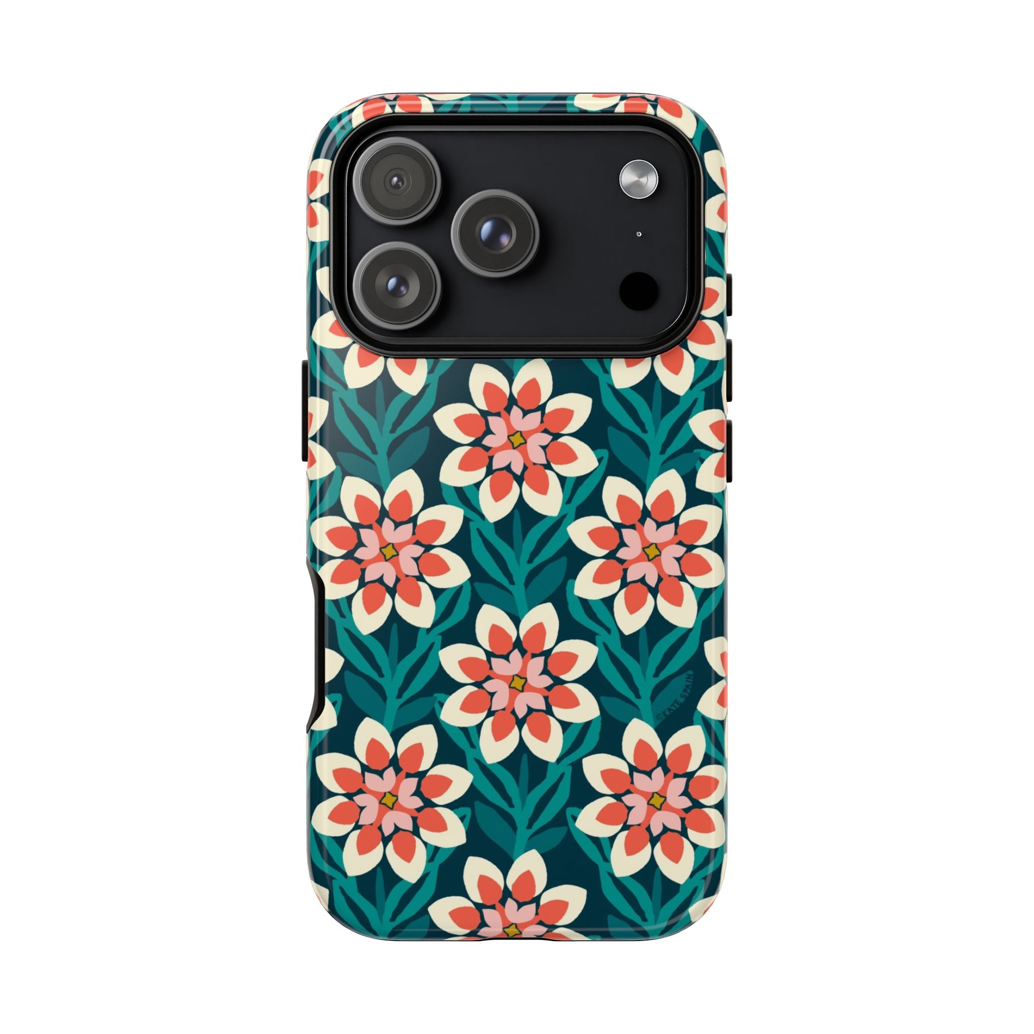 Modern Dahlia Tough iPhone 17 Pro Case – Glossy | teal, coral, cream geometric dahlia floral print
