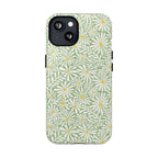 Montauk Daisy Meadow Green MagSafe iPhone 13 Case – Glossy | sage green, white graphic daisy and fern print, golden yellow centers MagSafe compatible, dual-layer protection