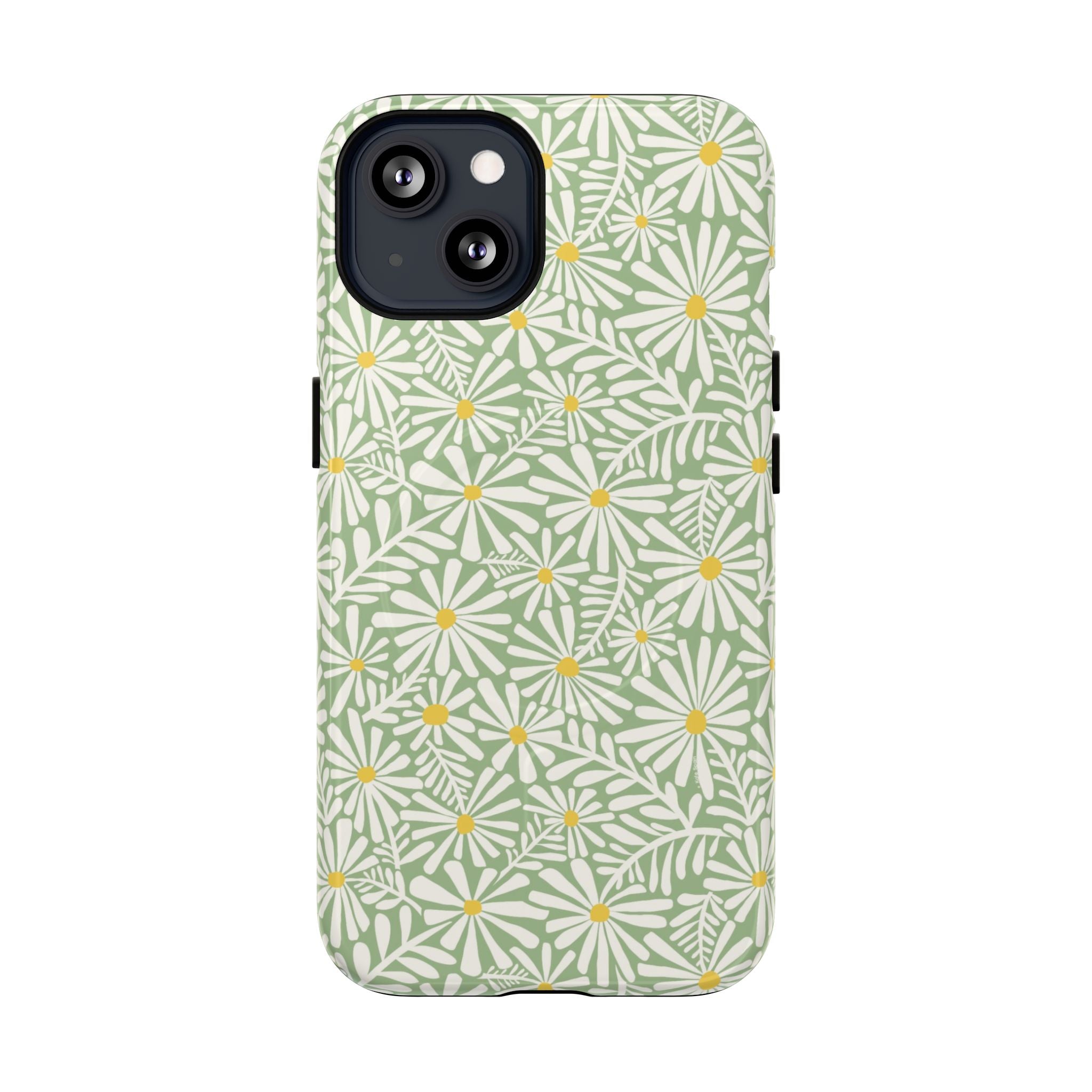 Montauk Daisy Meadow Green MagSafe iPhone 13 Case – Glossy | sage green, white graphic daisy and fern print, golden yellow centers MagSafe compatible, dual-layer protection