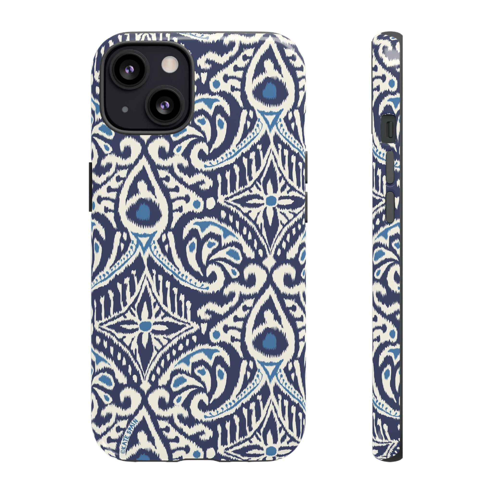 Ikat Tough iPhone 13 Case – Matte | navy, cream, blue ikat medallion print