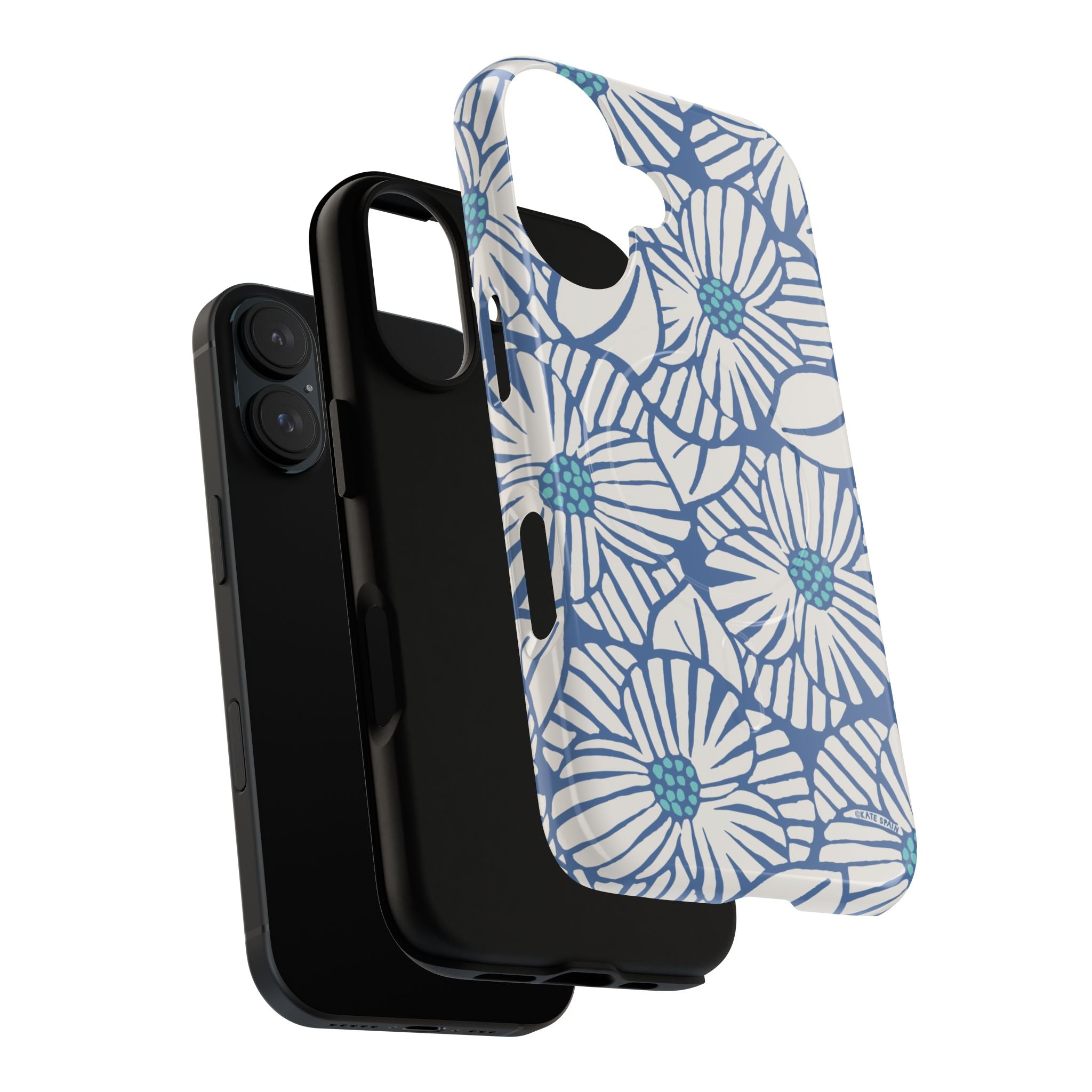 Calendula MagSafe iPhone 17 Case – Dual-layered view of case and inner lining in front of phone, with view of camera cutout and buttons | periwinkle, cream, teal graphic daisy floral print