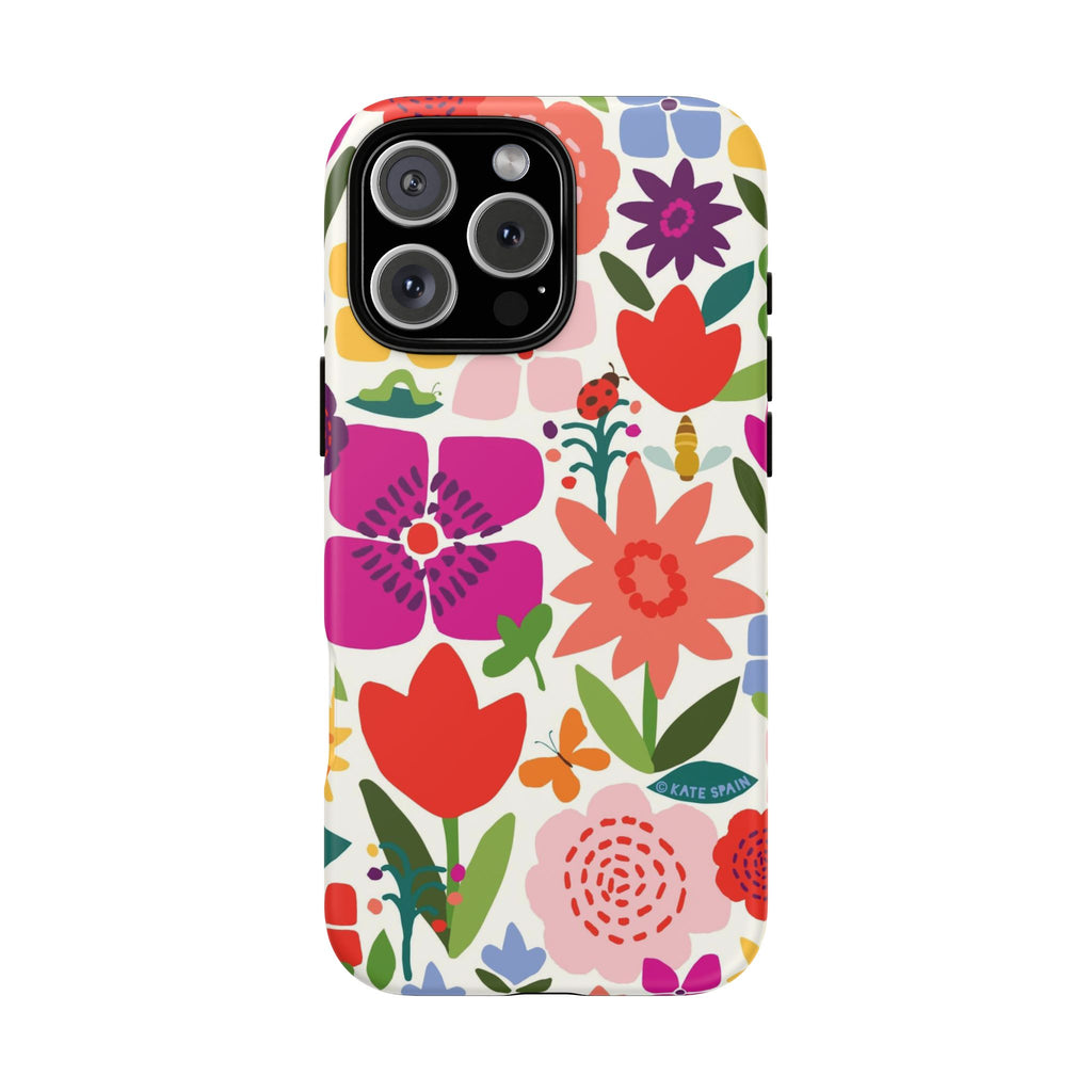 Happy Blooms Tough iPhone 16 Pro Max Case – Matte | cream, red, magenta, coral botanical floral print